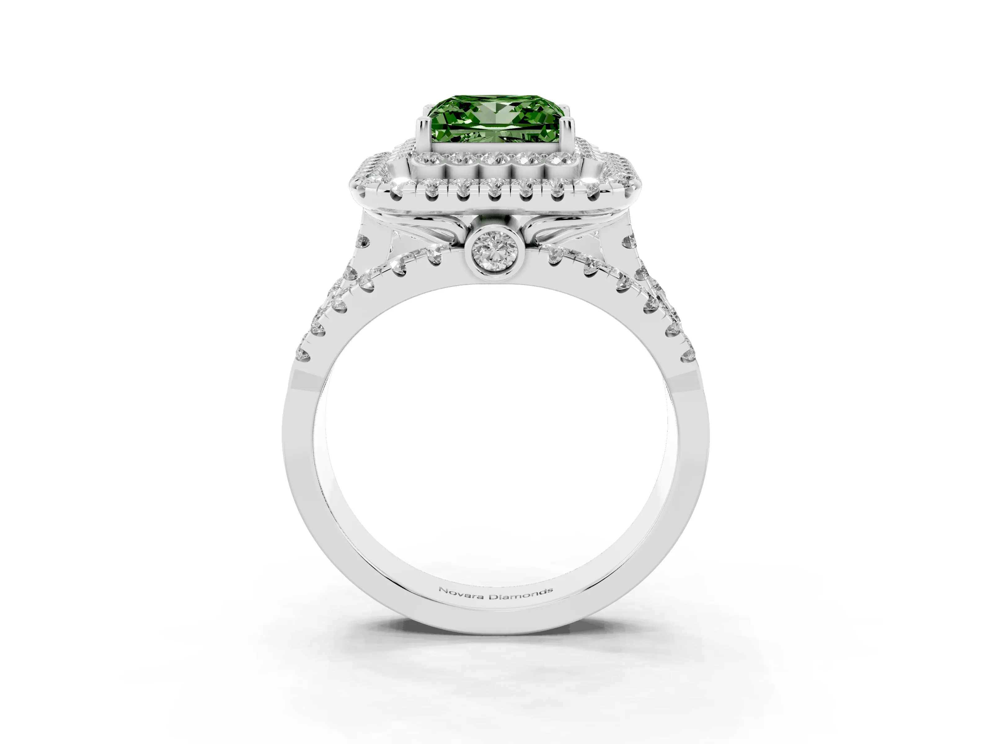 Fancy Green Princess Cut Diamond Double Halo Ring Set in White gold with Round Pavé Split Shank
