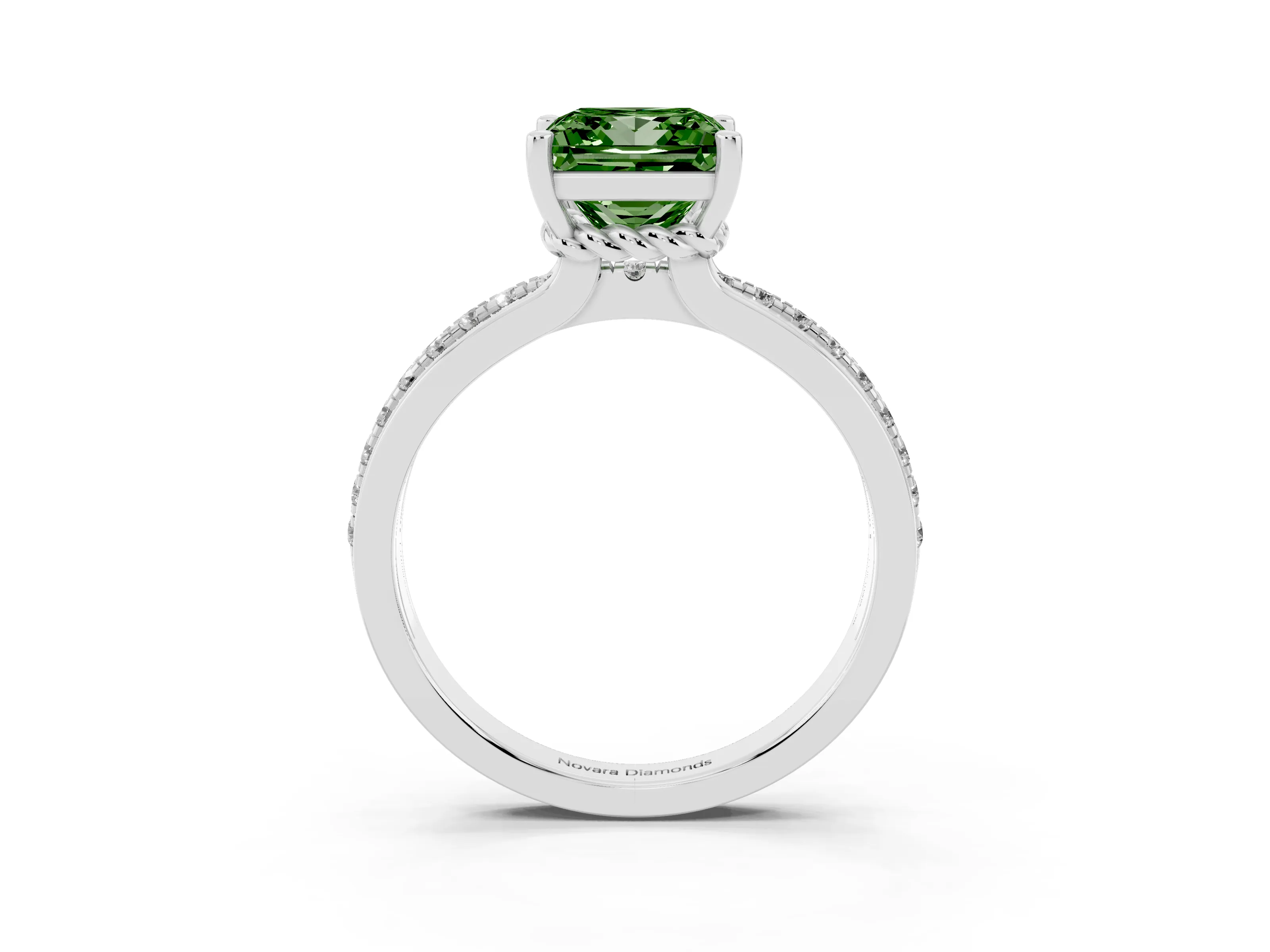 Fancy Green Princess Cut Diamond Solitaire Ring Set in White gold with Channel Set Band and Prong Setting