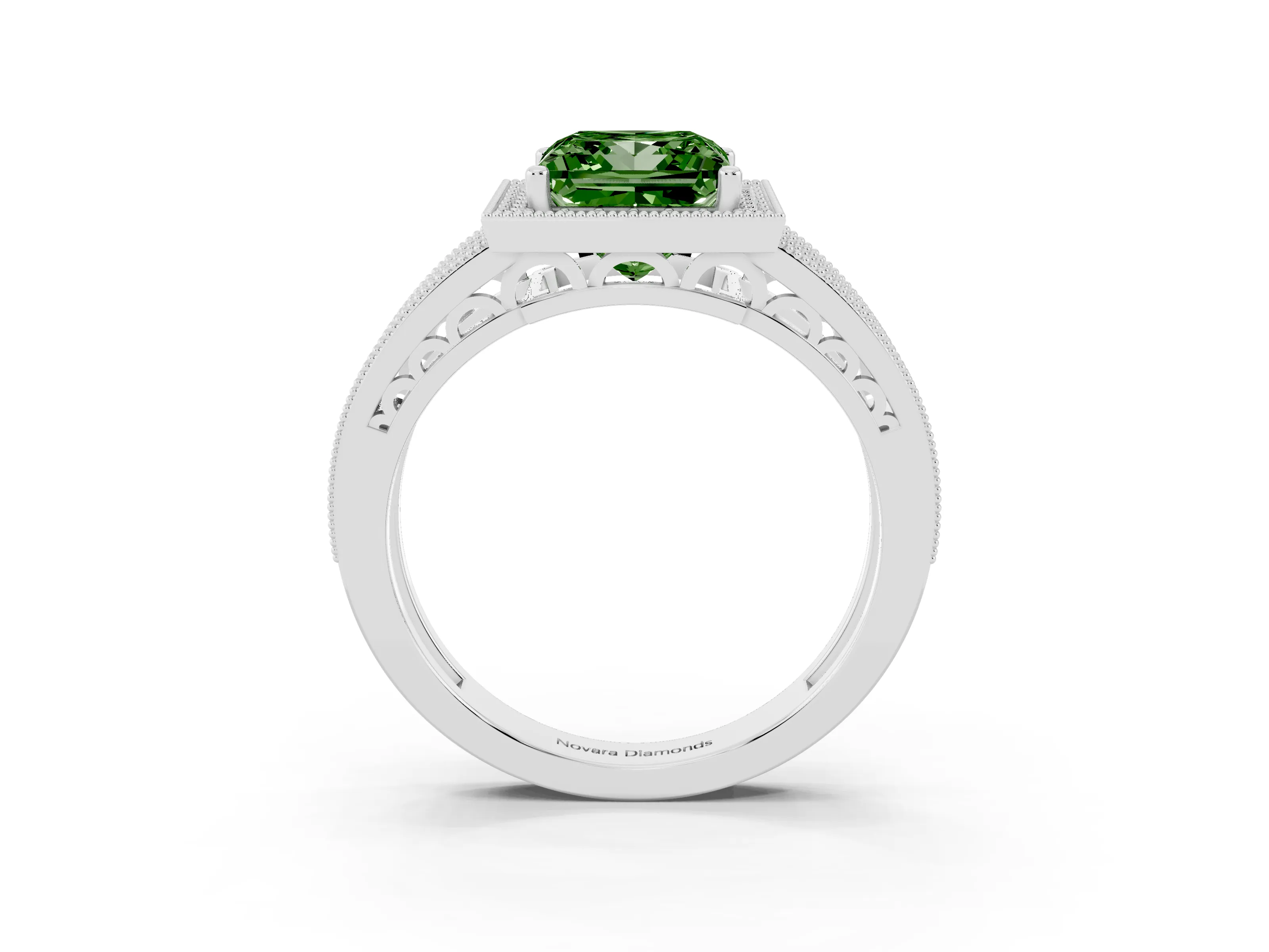Fancy Green Princess Cut Diamond Halo Ring Set in White gold with Accent Split Shank and Prong Setting