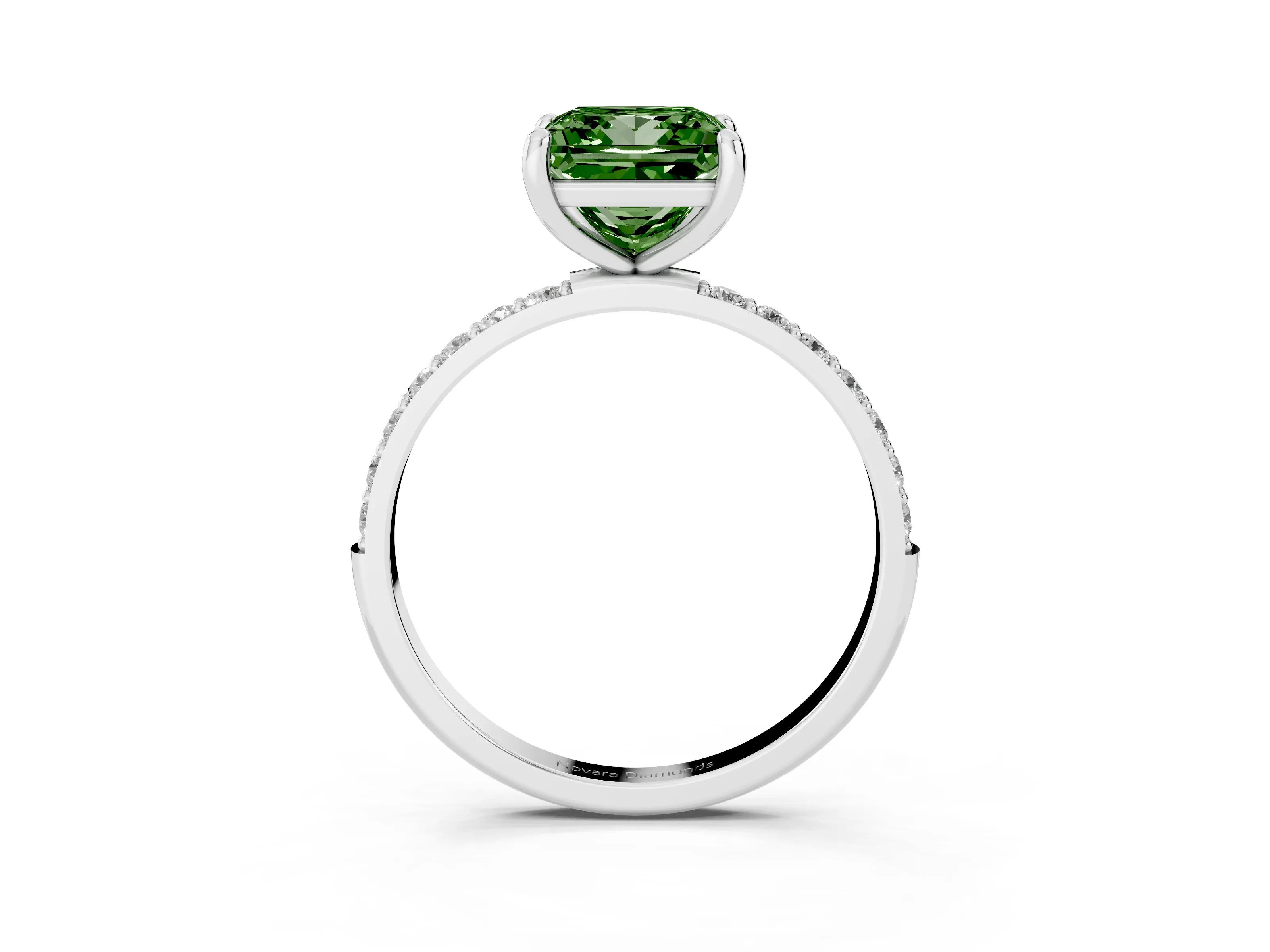 Fancy Green Princess Cut Diamond Solitaire Ring Set in White gold with Round Pavé Band and Prong Setting