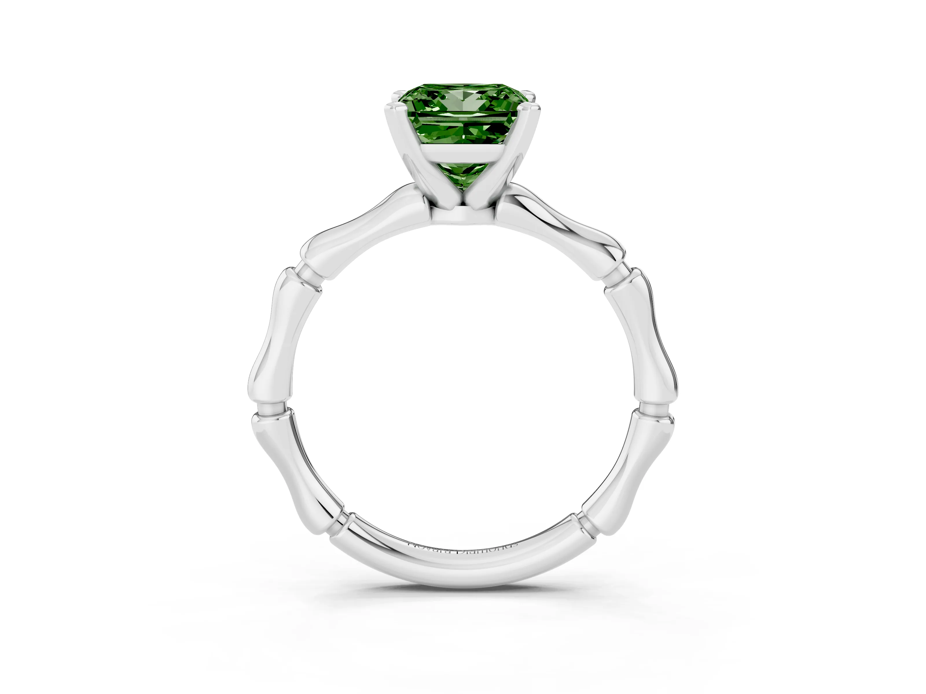 Fancy Green Princess Cut Diamond Solitaire Ring Set in Silver with Bamboo Band and Prong Setting