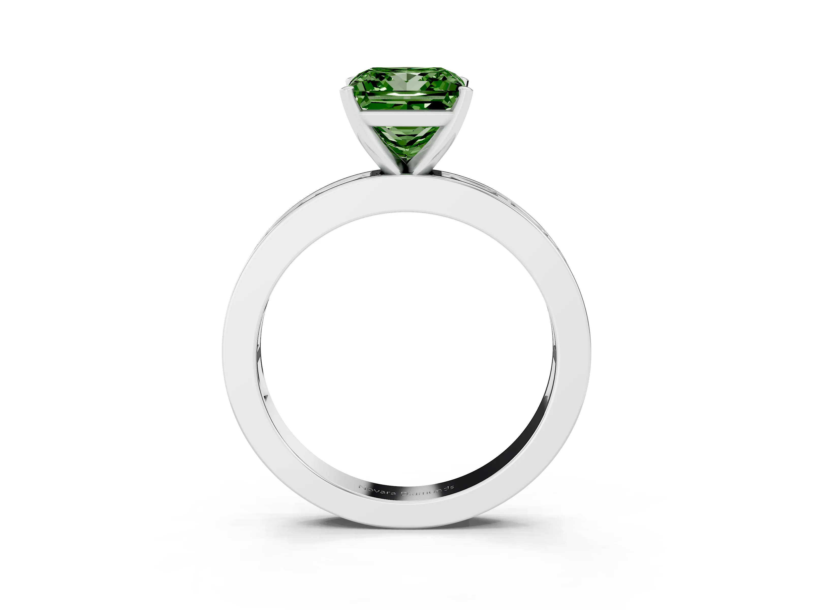 Fancy Green Princess Cut Diamond Solitaire Ring Set in Platinum with Channel-Set Baguette Band and Prong Setting
