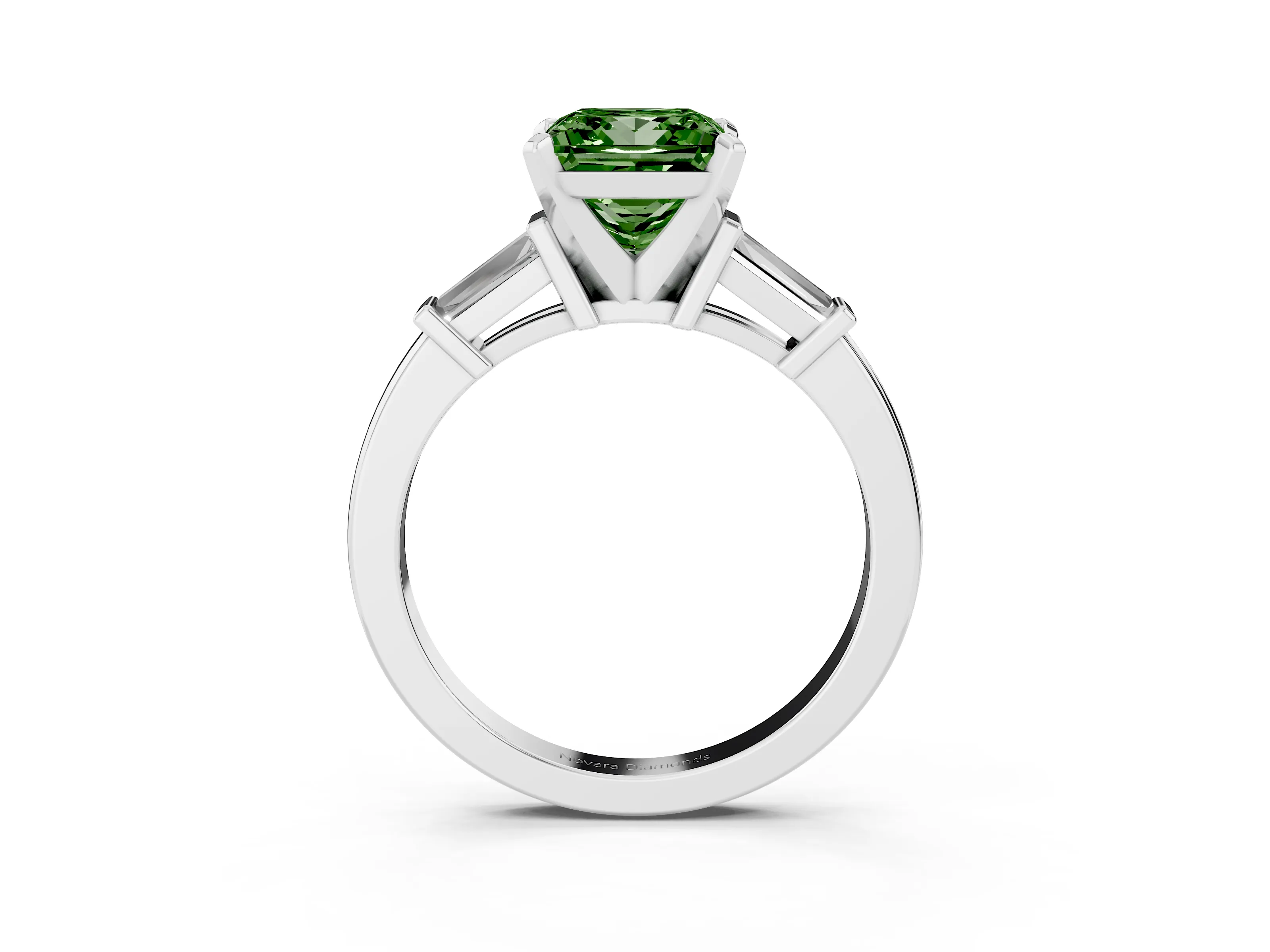 Fancy Green Princess Cut Diamond Solitaire Ring Set in White gold with Tapered Baguette Accents and Prong Setting