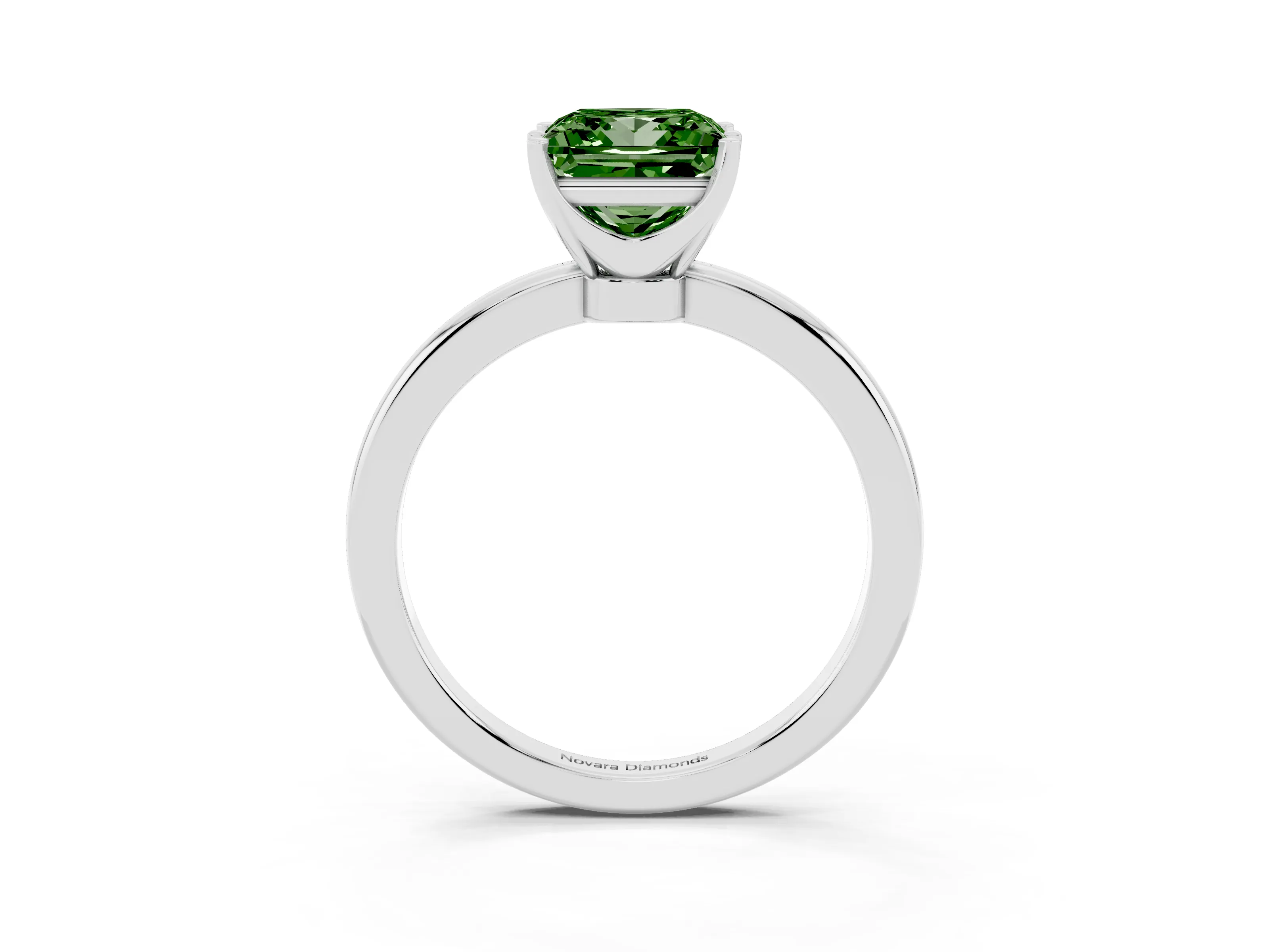 Fancy Green Princess Cut Diamond Solitaire Ring Set in White gold with Raised Prong Setting on a Classic Band