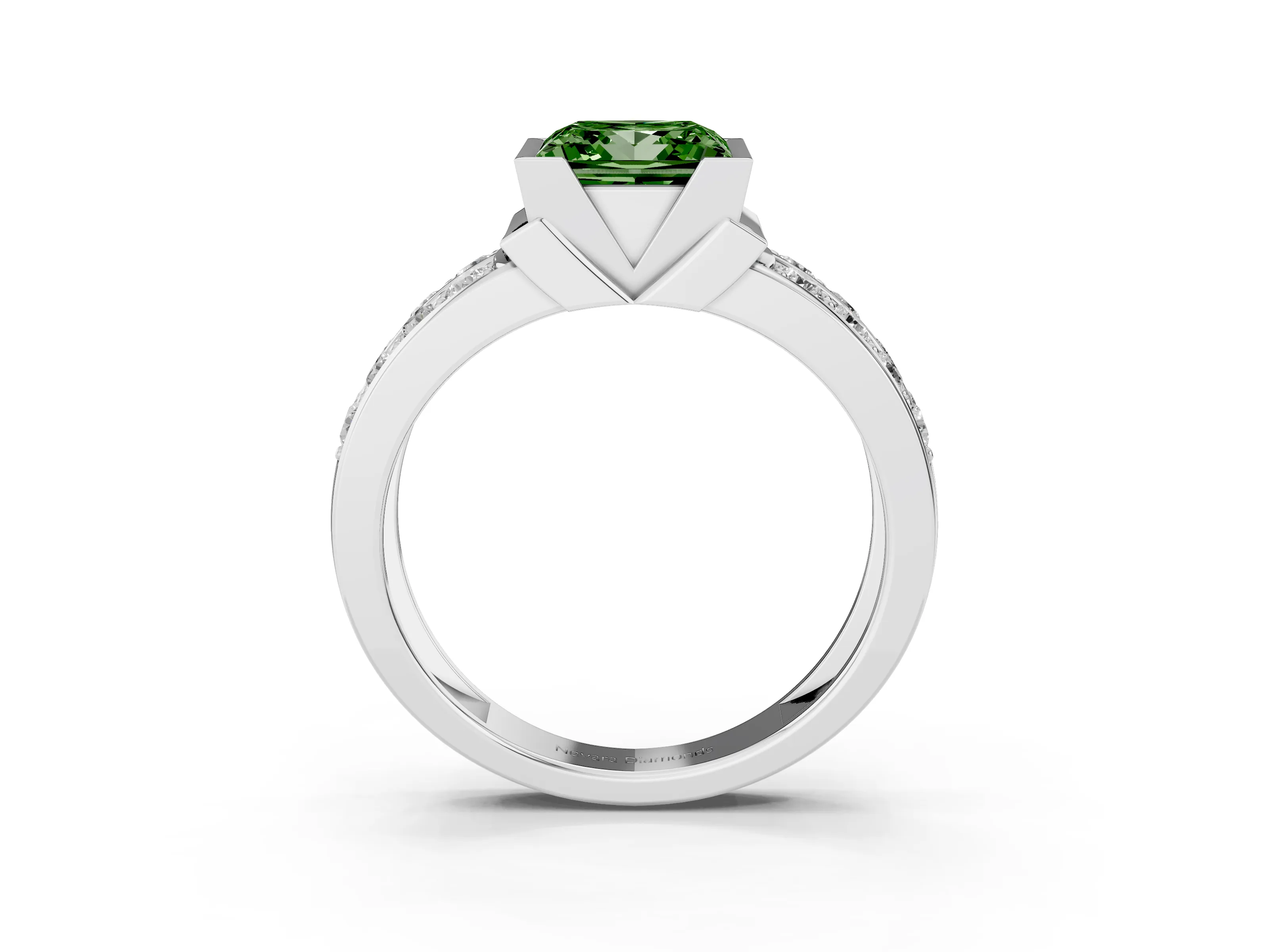 Fancy Green Princess Cut Diamond Wide Channel Set Band Ring Set in Silver with Bezel Setting