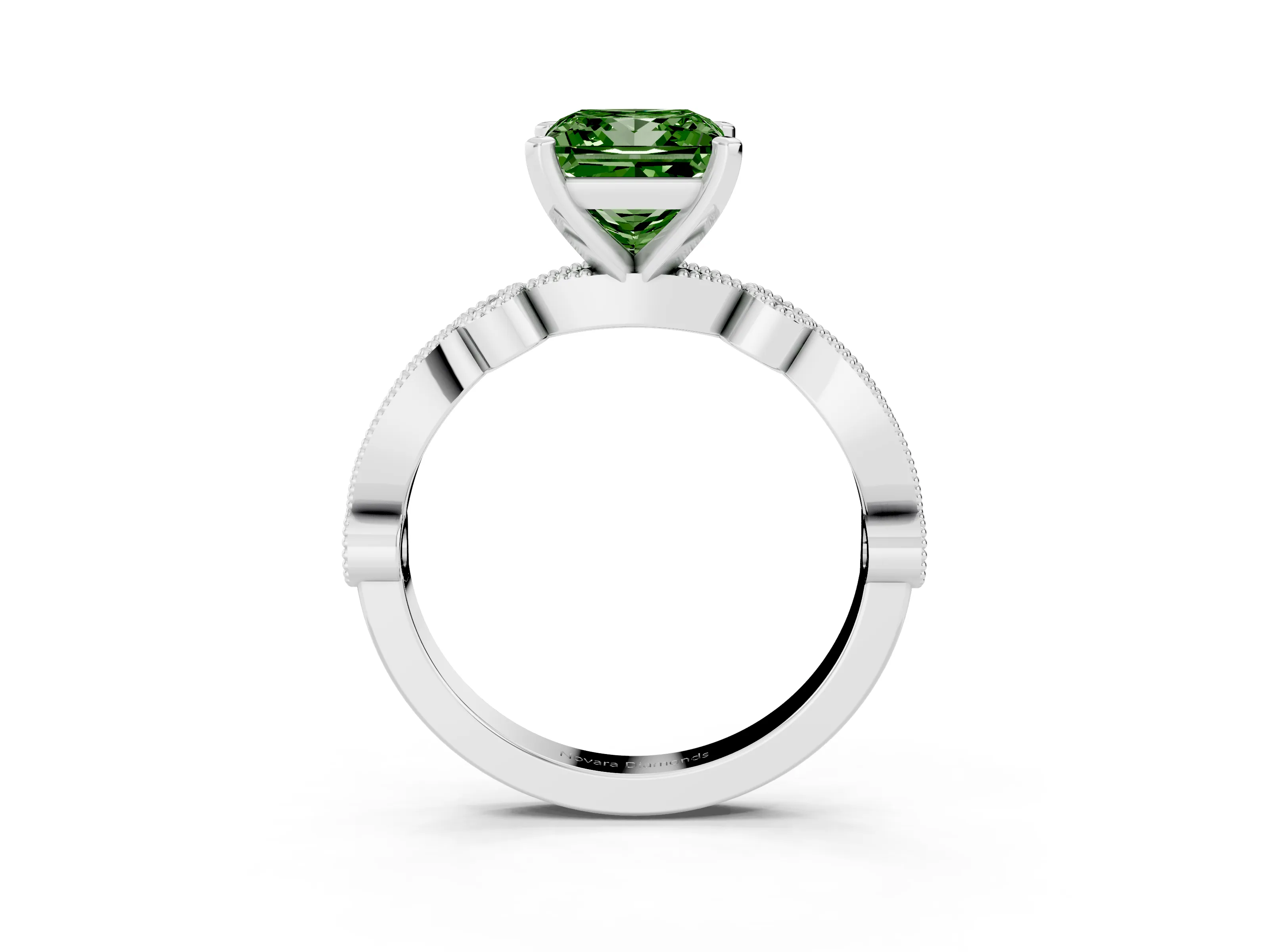 Fancy Green Princess Cut Diamond Solitaire Engagement Ring Set in Silver with Milgrain Bezel Accent Band