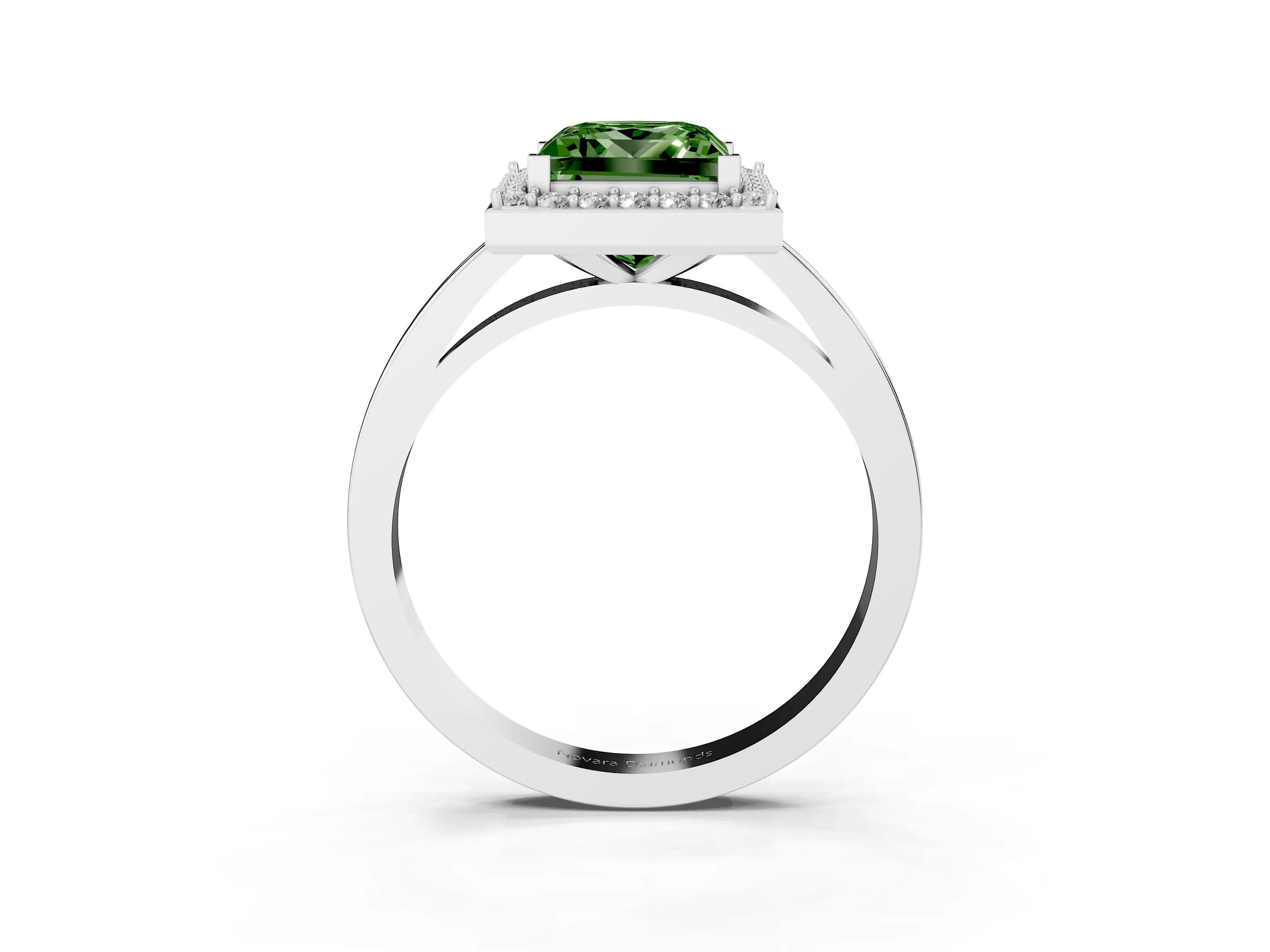 Fancy Green Princess Cut Diamond Halo Ring Set in Silver with Solitaire Band and Prong Setting