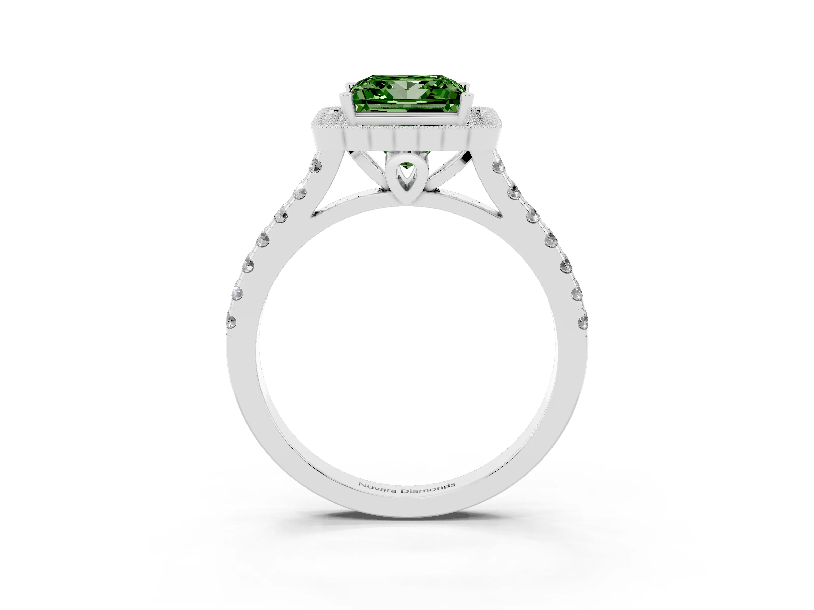 Fancy Green Princess Cut Diamond Milgrain Floral Halo Engagement Ring Set in Silver with Pavé Band