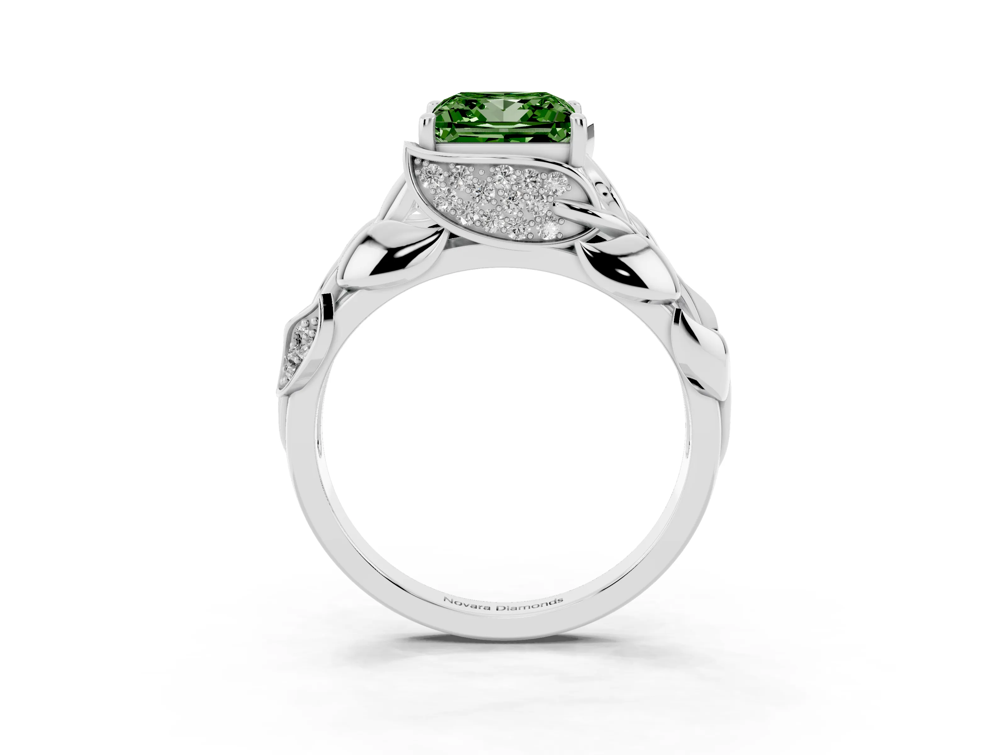Fancy Green Princess Cut Diamond Leaf-Inspired Engagement Ring Set in Platinum with Round Accents