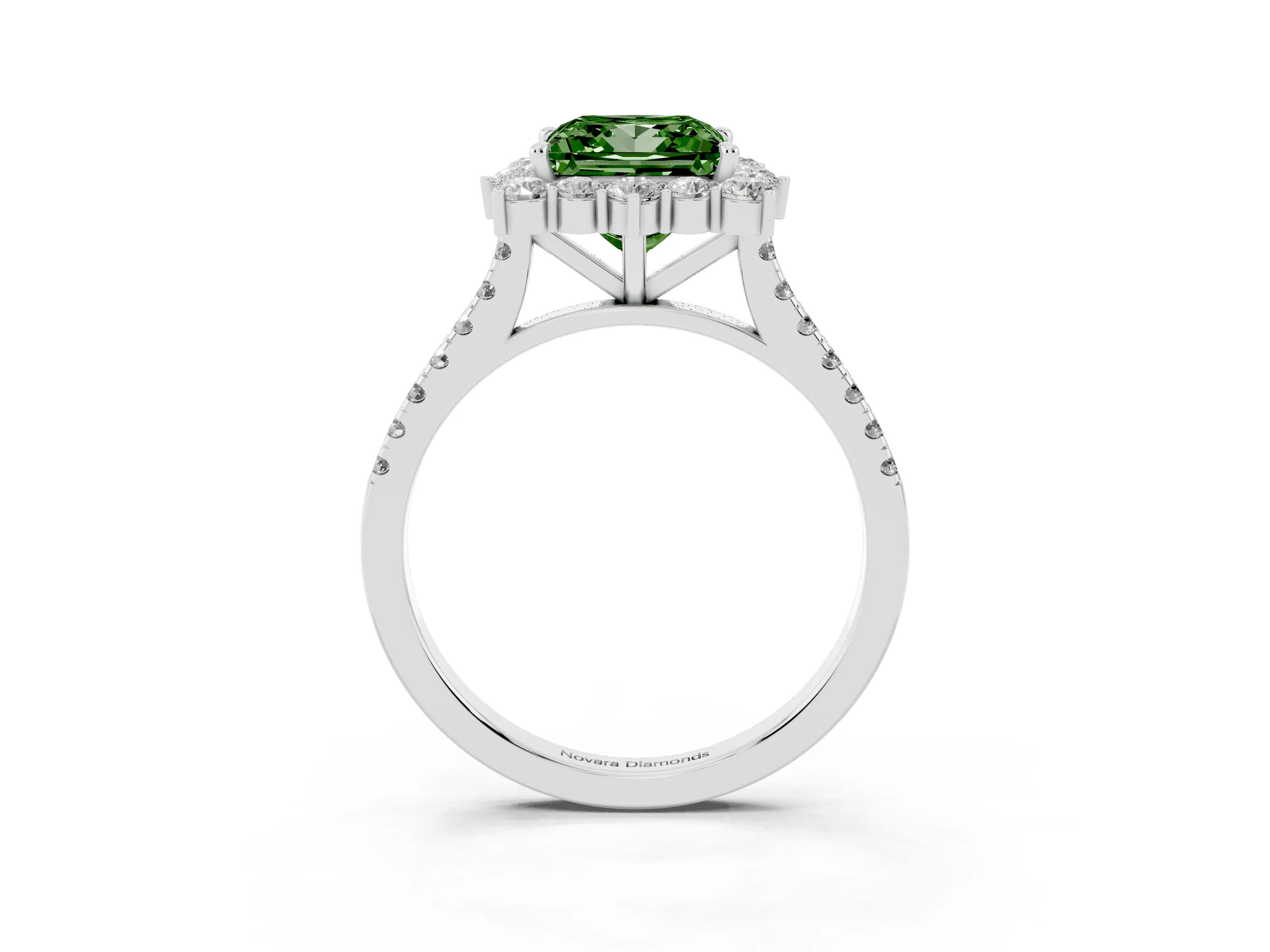 Fancy Green Princess Cut Diamond Halo Ring Set in White gold with Pavé Band and Prong Setting
