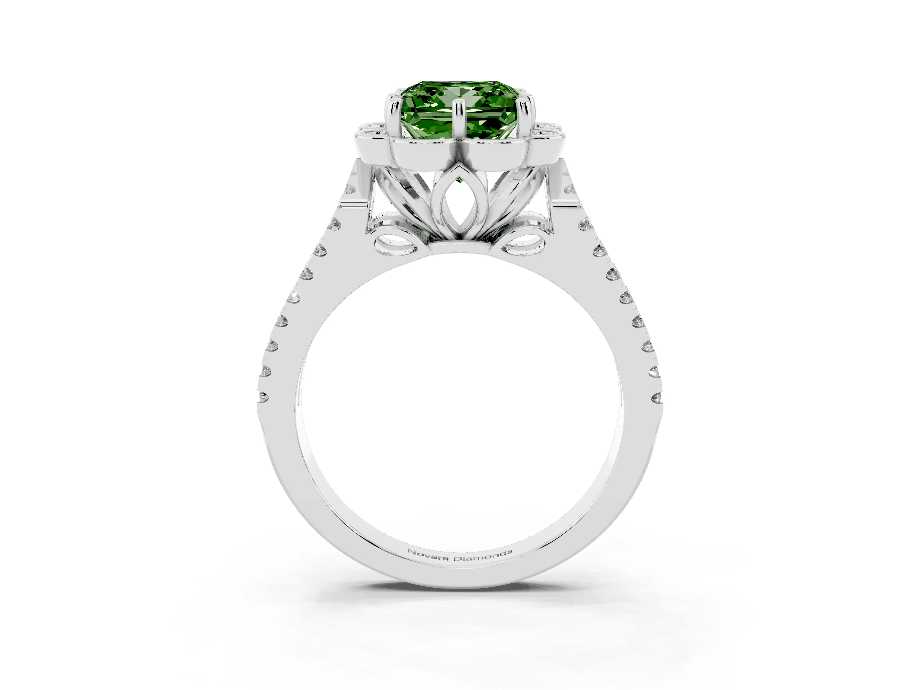 Fancy Green Princess Cut Diamond Floral Halo Split Shank Engagement Ring Set in Silver with Pavé Shank