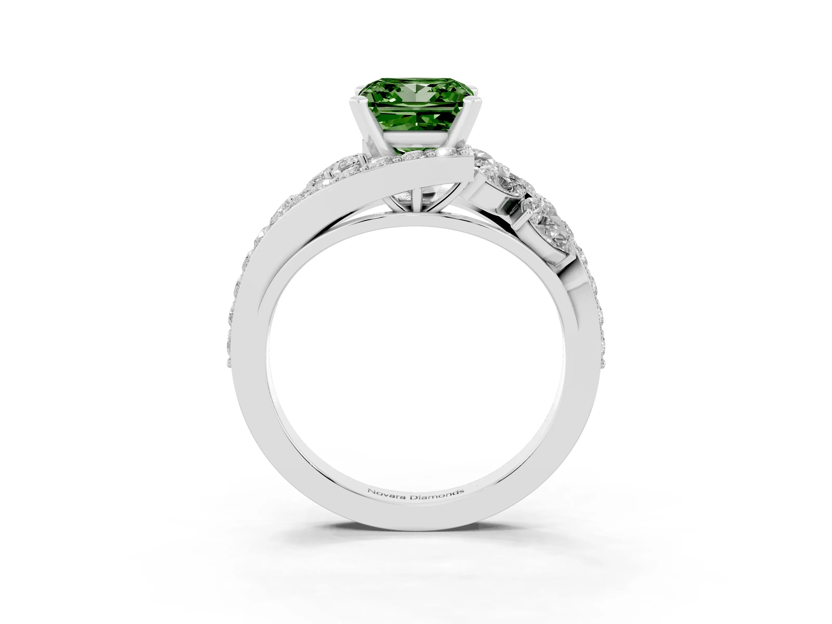 Fancy Green Princess Cut Diamond Halo Ring Set in Platinum with Marquise and Pavé Band in Prong Setting