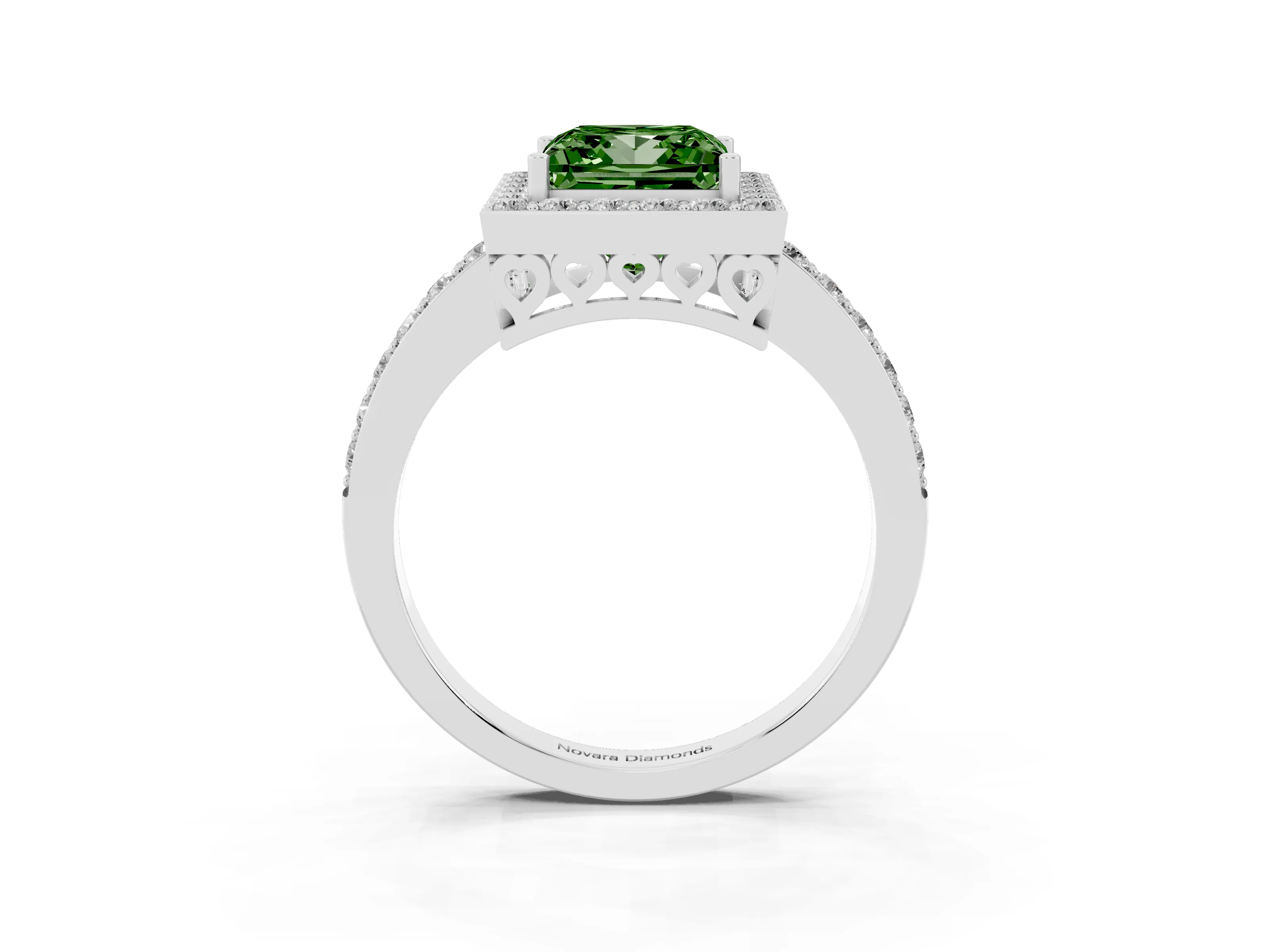 Fancy Green Princess Cut Diamond Halo Ring Set in Silver with Pavé-Setting Band and Open Prong Center