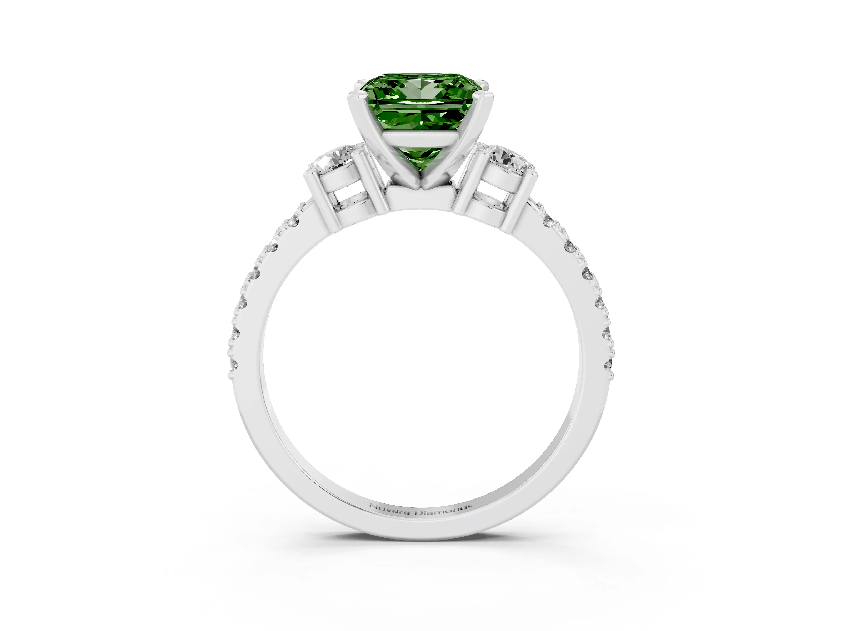 Fancy Green Three-Stone Princess Cut Diamond Pavé Band Ring Set in Silver with Prong Setting