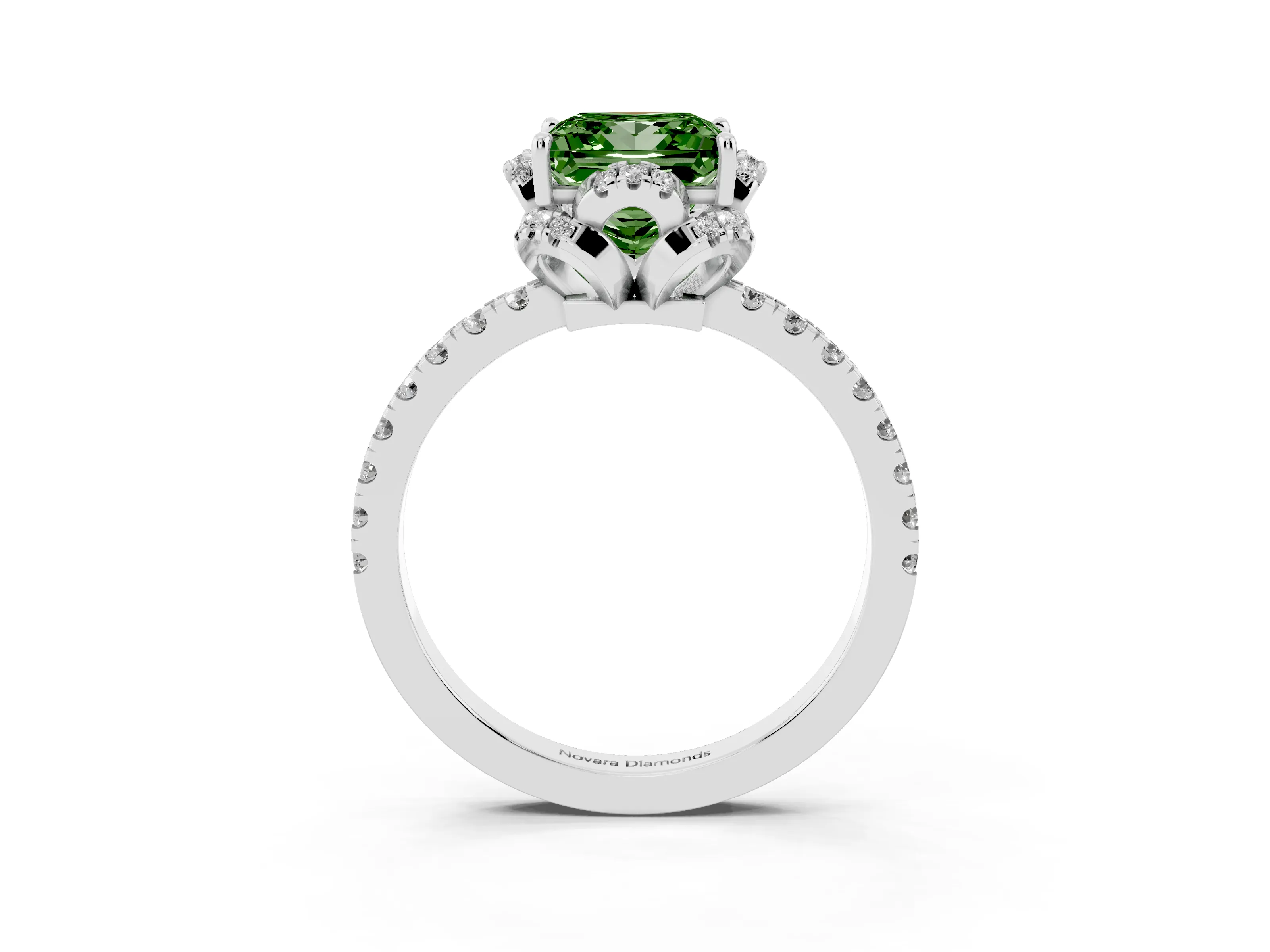 Fancy Green Princess Cut Diamond Halo Pavé Band Ring Set in Platinum with Prong-Held Center