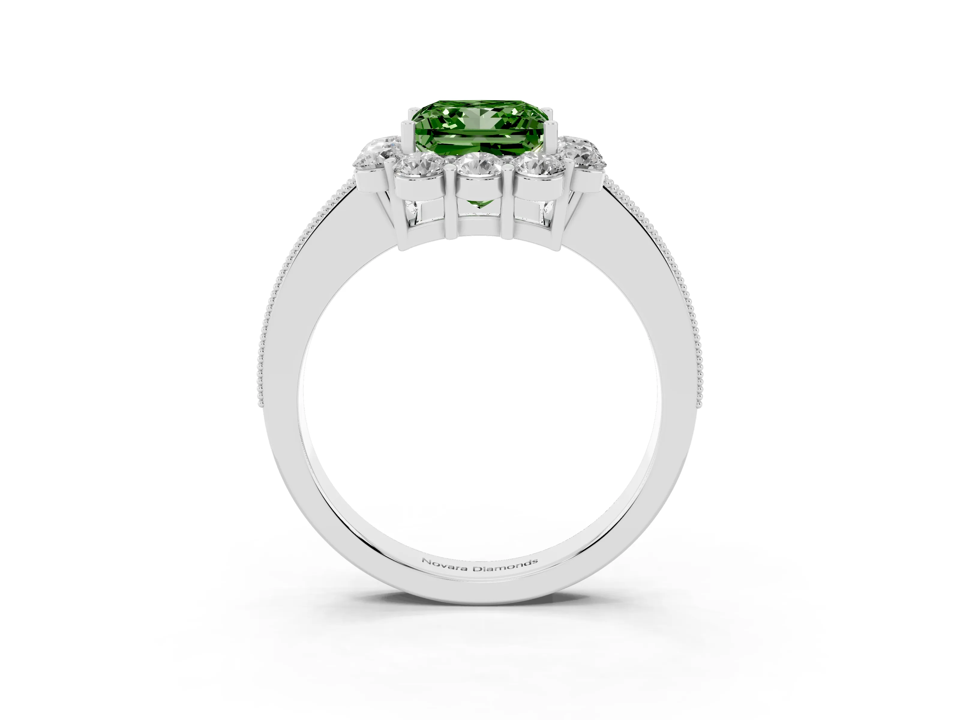 Fancy Green Princess Cut Diamond Halo Pavé Engagement Ring Set in White gold with Milgrain Detailing