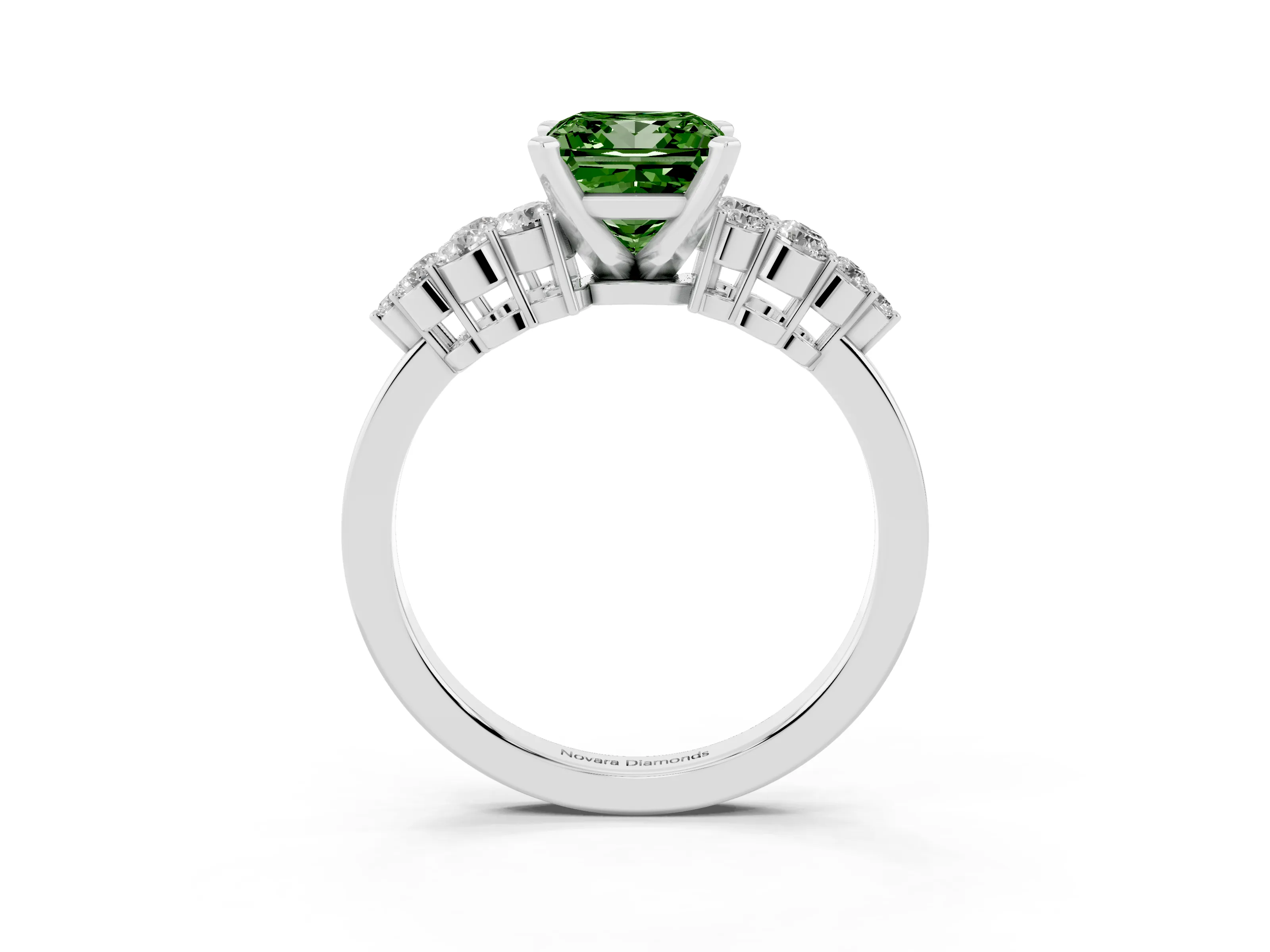 Fancy Green Princess Cut Diamond Cluster Engagement Ring Set in Platinum with Pavé Band and Prong Setting