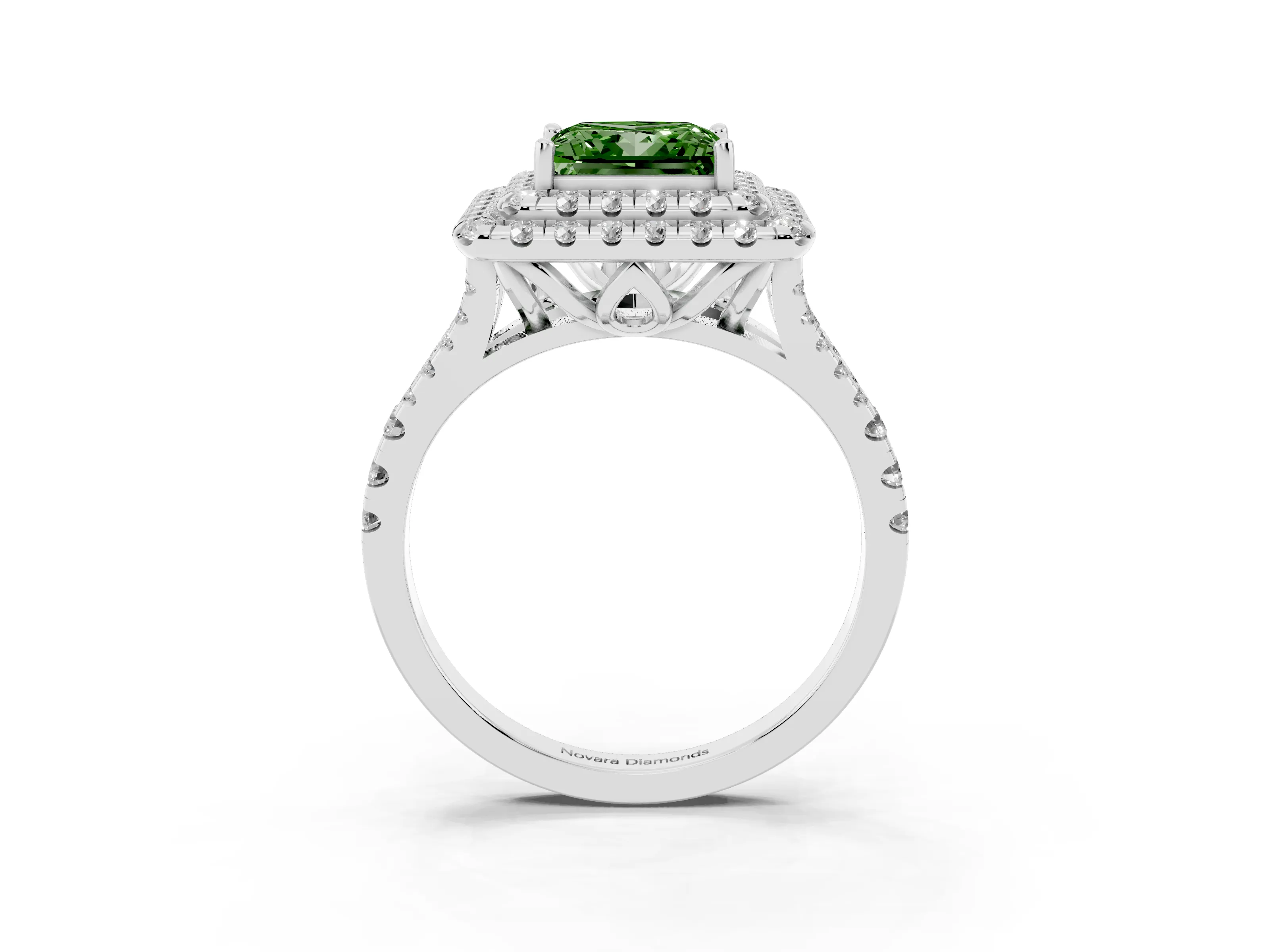 Fancy Green Princess Cut Diamond Double Halo Ring Set in White gold with Pavé Split Shank and Prong Setting