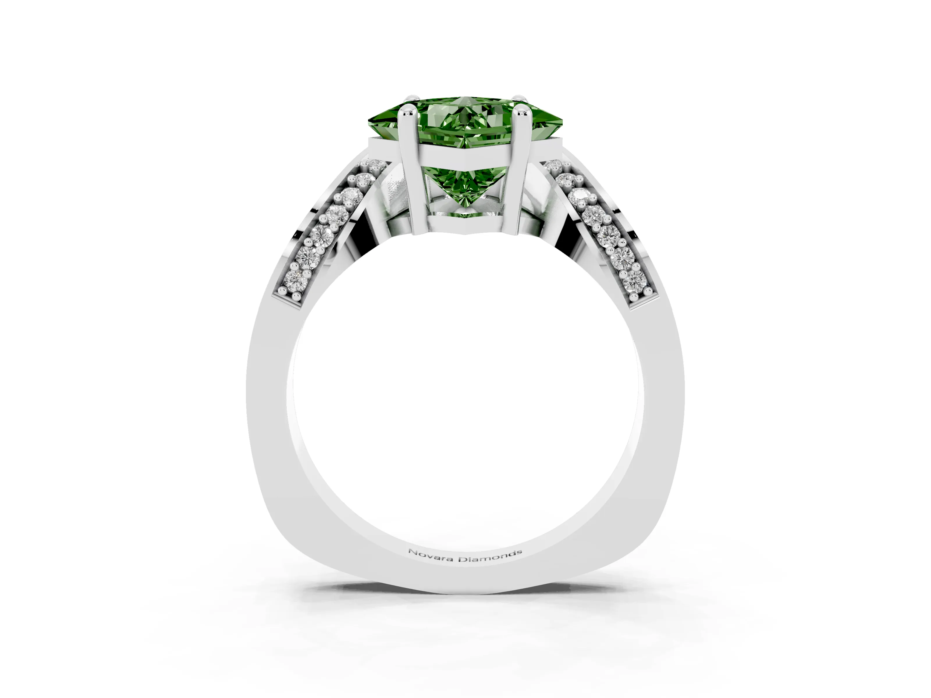 Fancy Green Princess Cut Diamond Solitaire Engagement Ring Set in Platinum with Pavé Shoulders