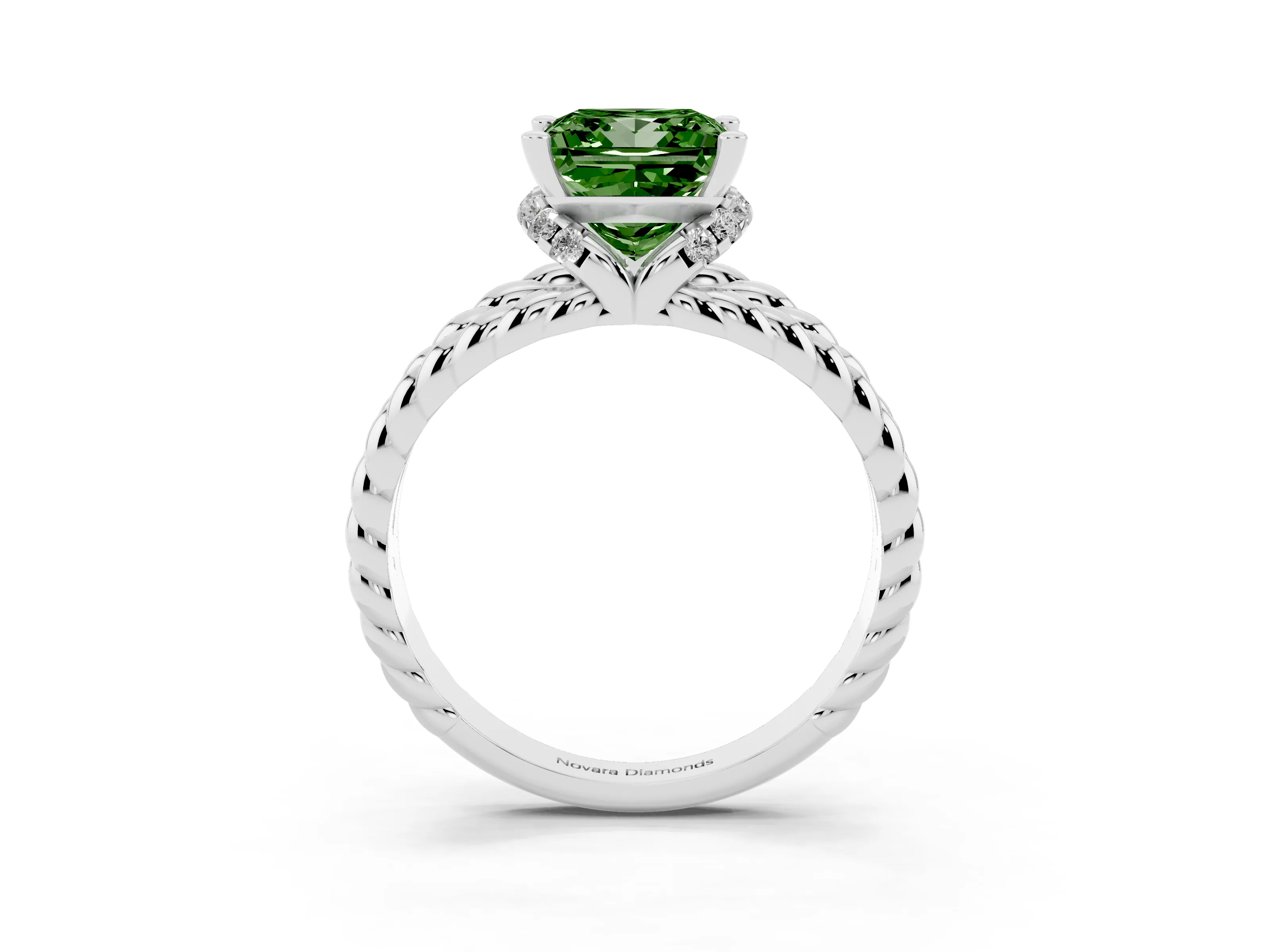 Fancy Green Princess Cut Diamond Halo Ring Set in White gold with Twisted Band and Prong Setting