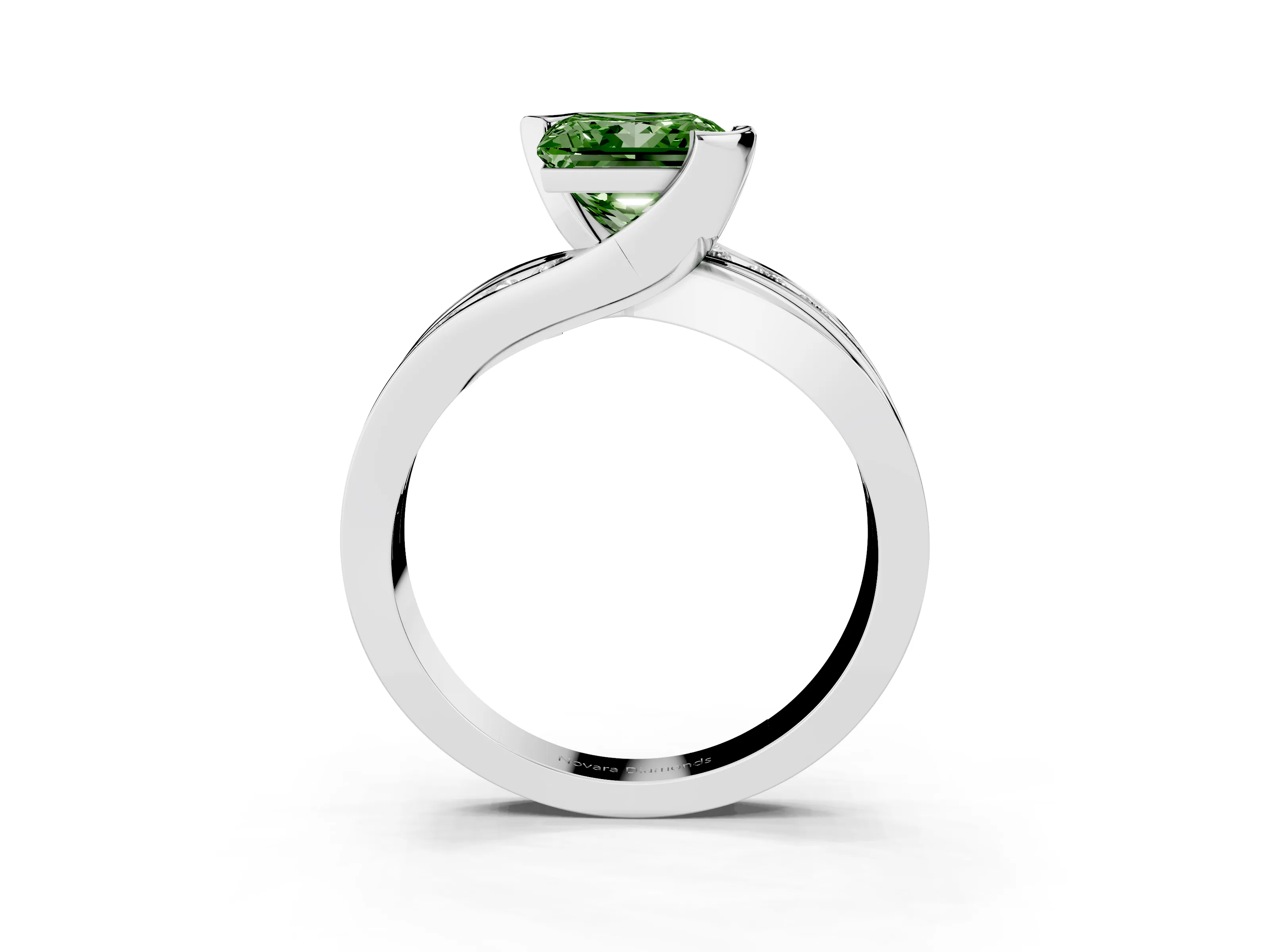 Fancy Green Princess Cut Diamond Solitaire Ring Set in Silver with Channel Set Split Shank and Tension Prongs