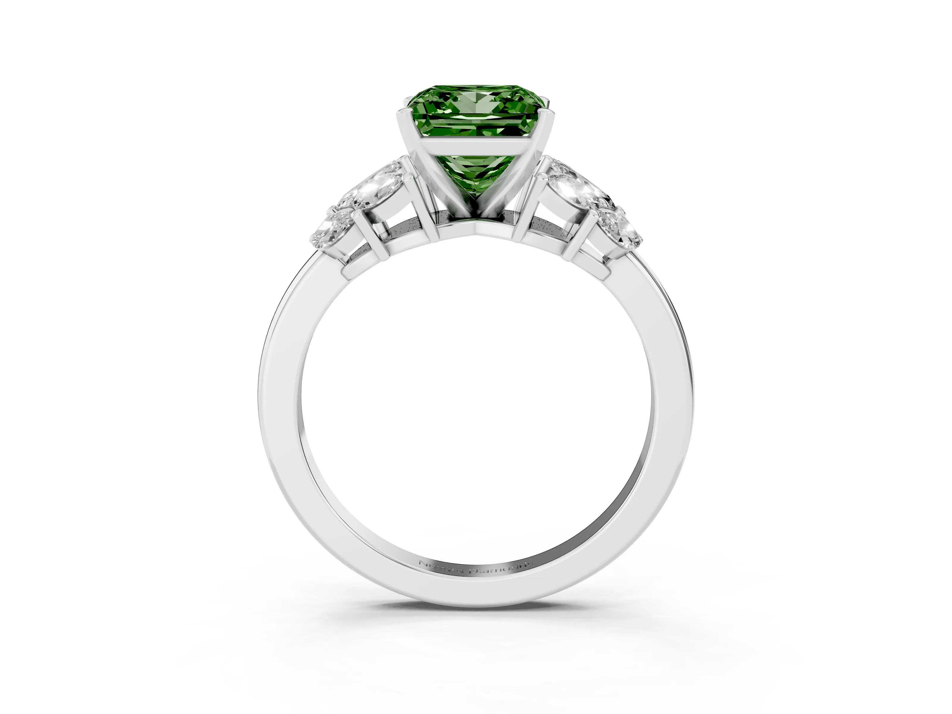 Fancy Green Princess Cut Diamond Cluster Leaf Design Ring Set in White gold with Prong Setting