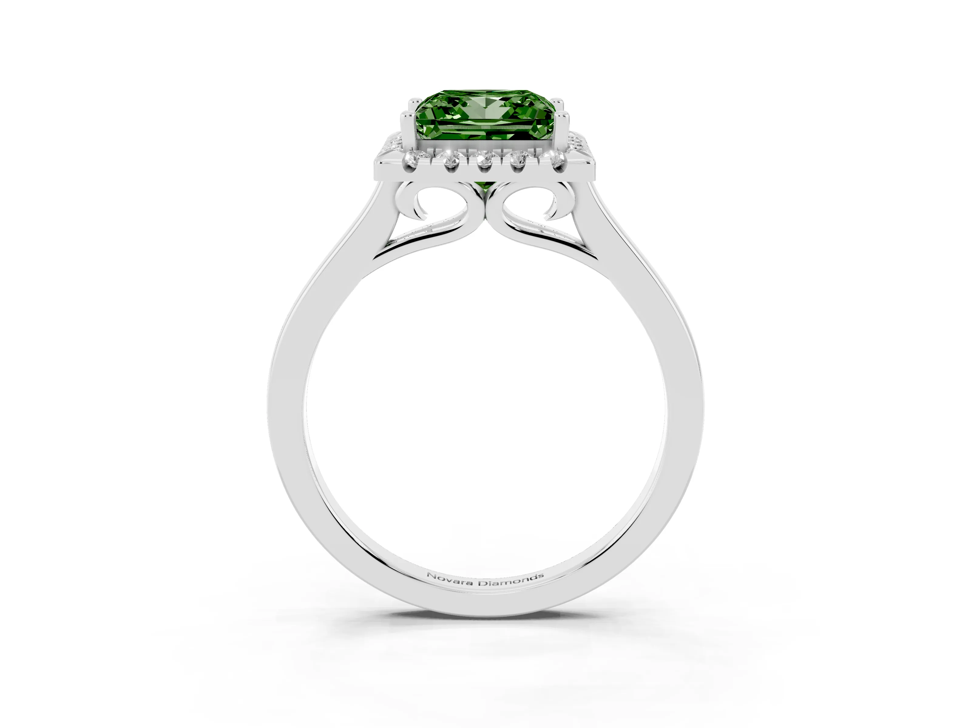 Fancy Green Princess Cut Halo Round Diamond Solitaire Ring Set in White gold with Pavé Band and Prong Setting
