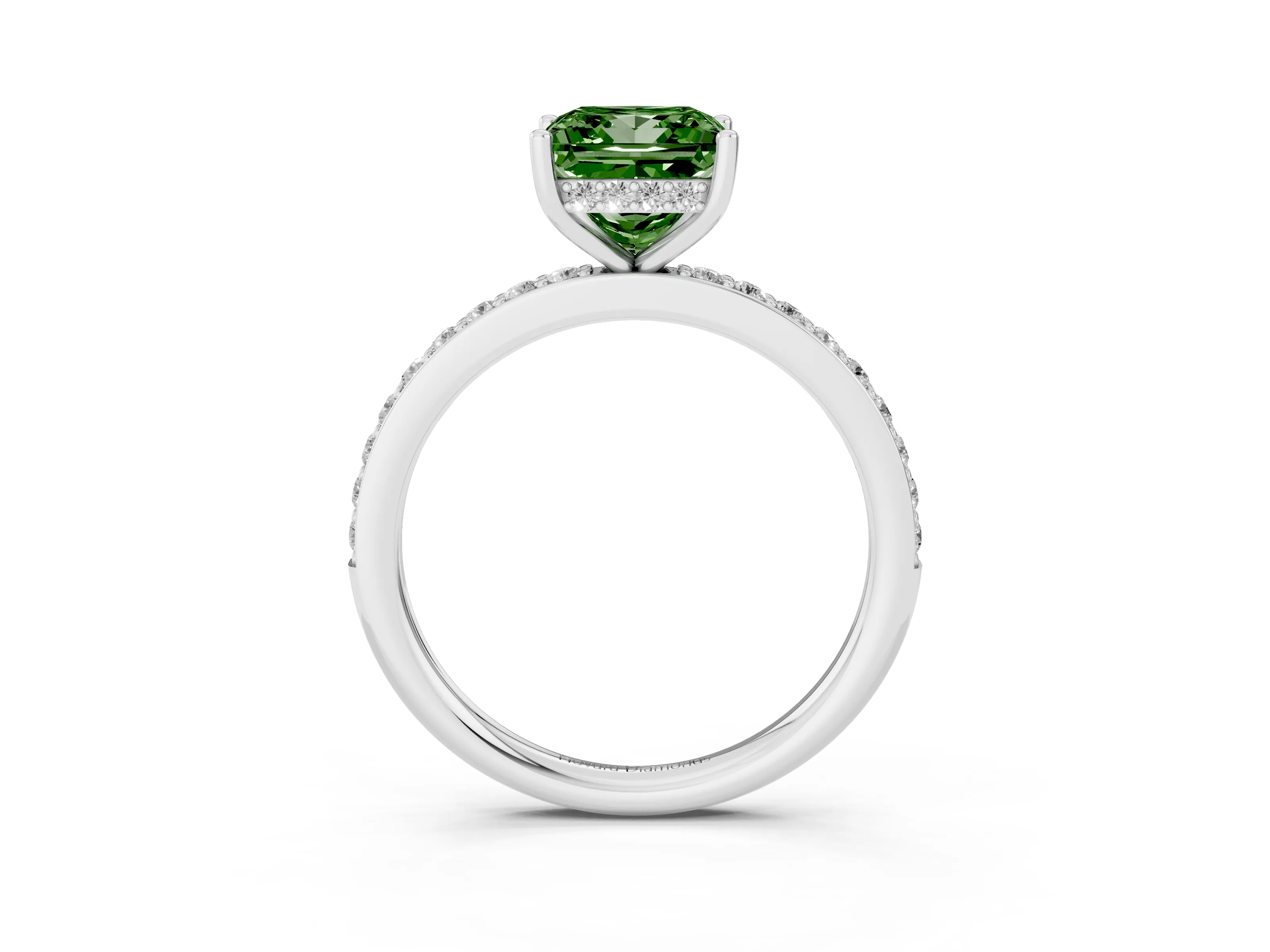 Fancy Green Princess Cut Diamond Pavé Band Ring Set in White gold with Prong-Set Center Stone