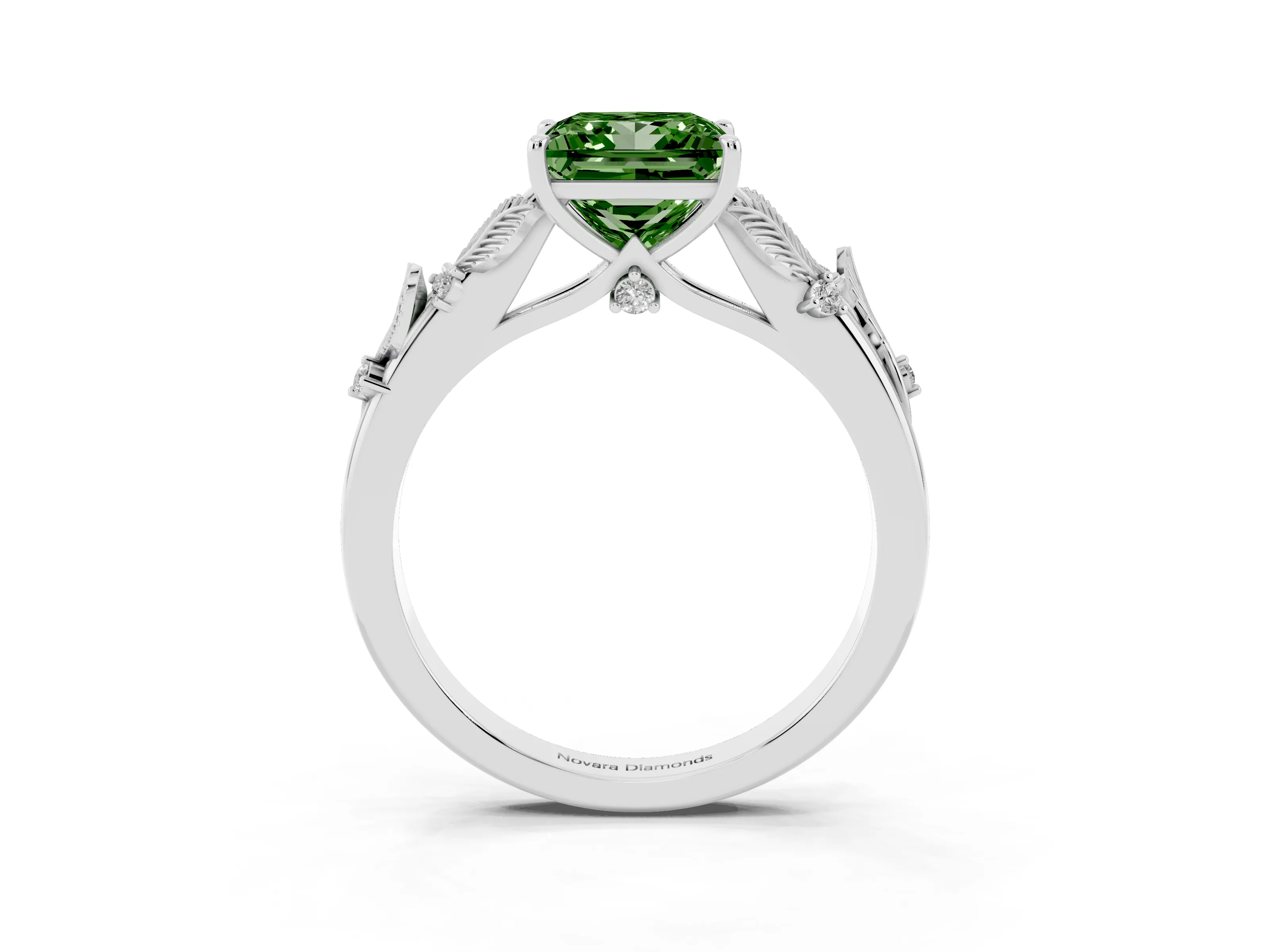 Fancy Green Princess Cut Diamond Solitaire Ring Set in Silver with Leaf Motif Band