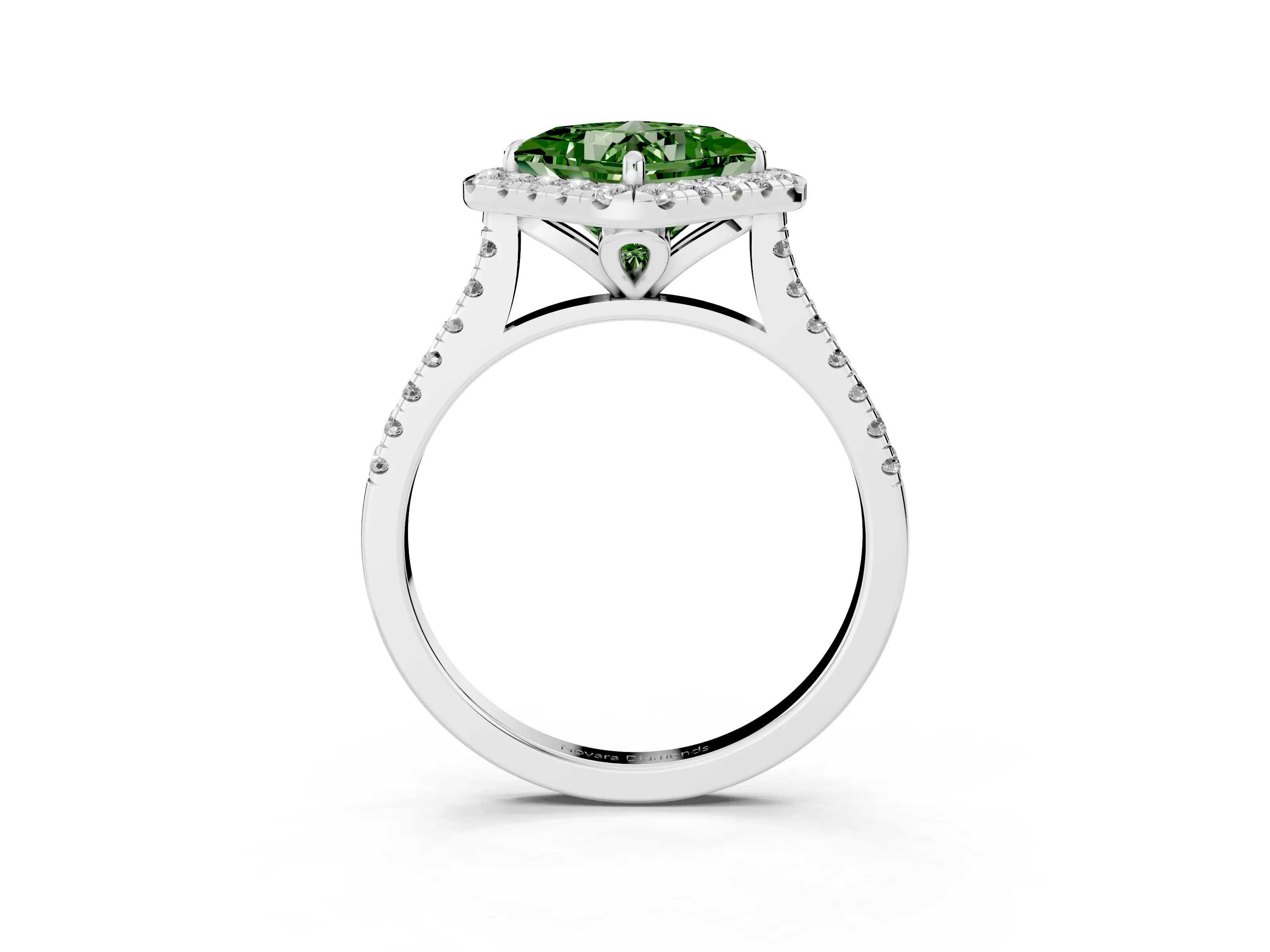 Fancy Green Princess Cut Diamond Cushion Halo Ring Set in Silver with Pavé Band