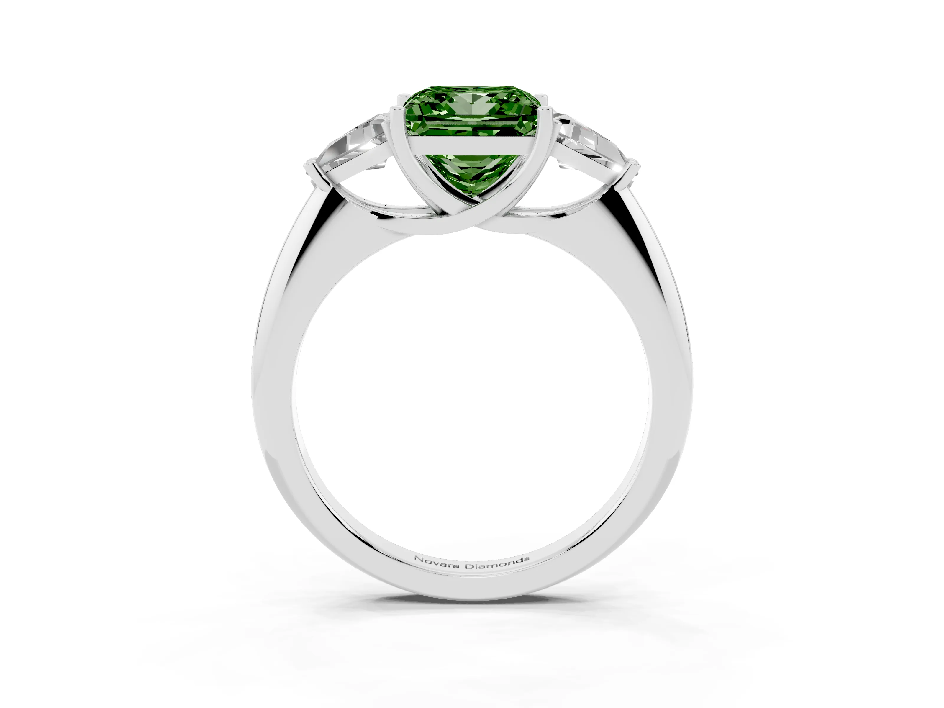 Fancy Green Princess Cut Diamond Three-Stone Engagement Ring Set in White gold with Trillion Side Stones