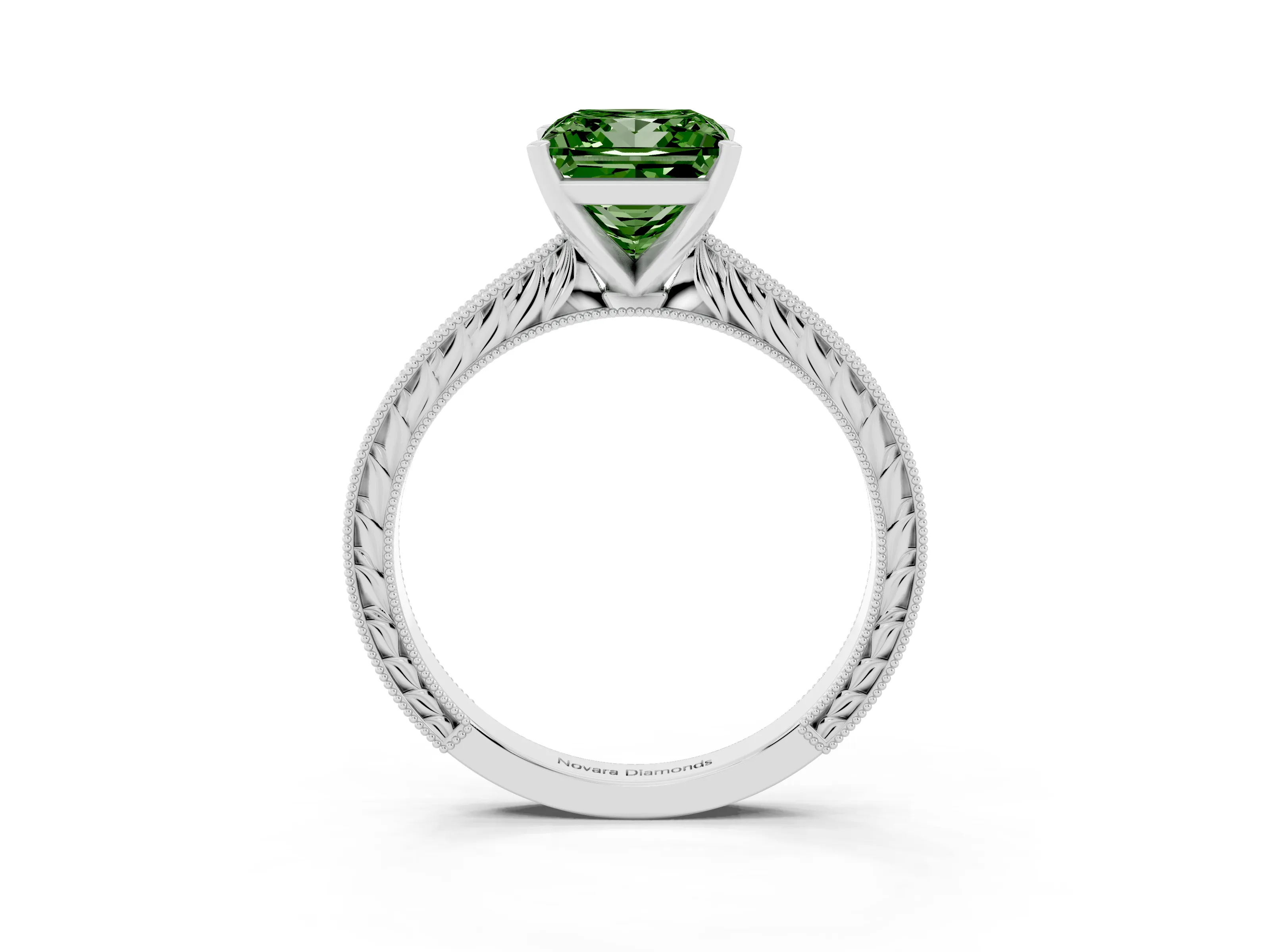 Fancy Green Princess Cut Diamond Solitaire Milgrain Engraved Band Set in Silver with Prong Setting