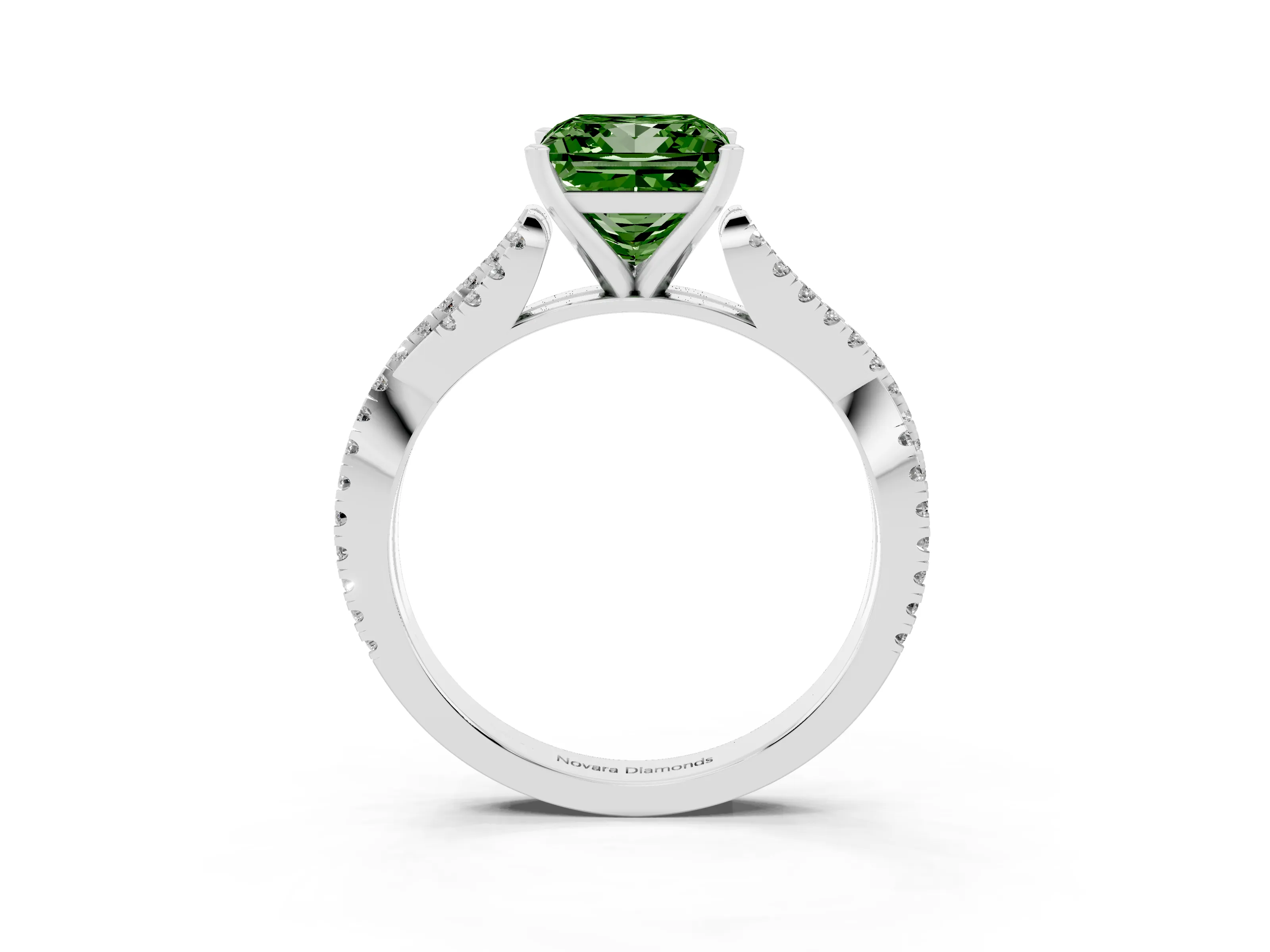 Fancy Green Princess Cut Diamond Solitaire Engagement Ring Set in Platinum with Twisted Pavé Band and Prong Setting