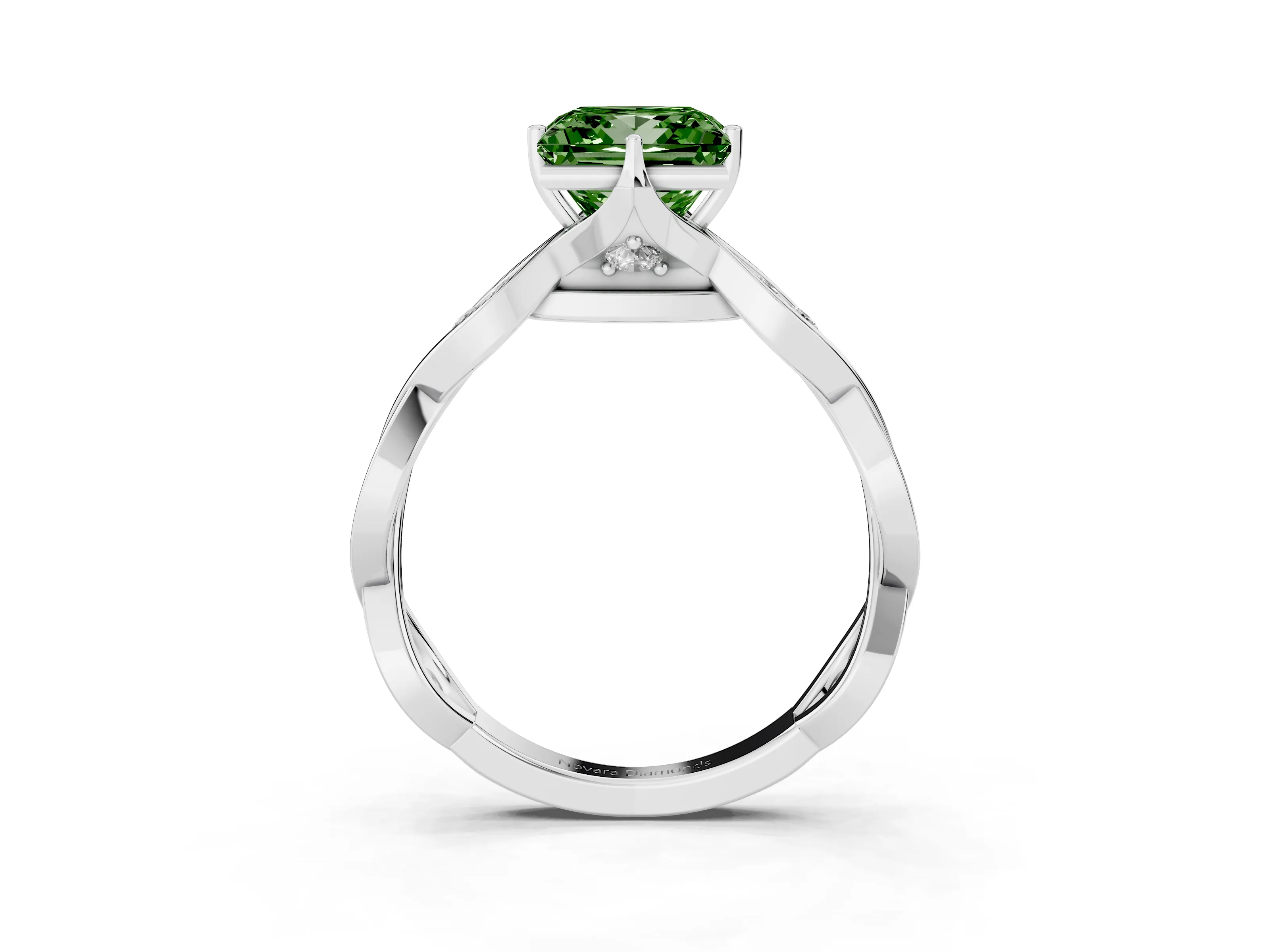 Fancy Green Princess Cut Diamond Twist Band Solitaire Ring Set in White gold with Leaf Prong Setting and Accent Stones