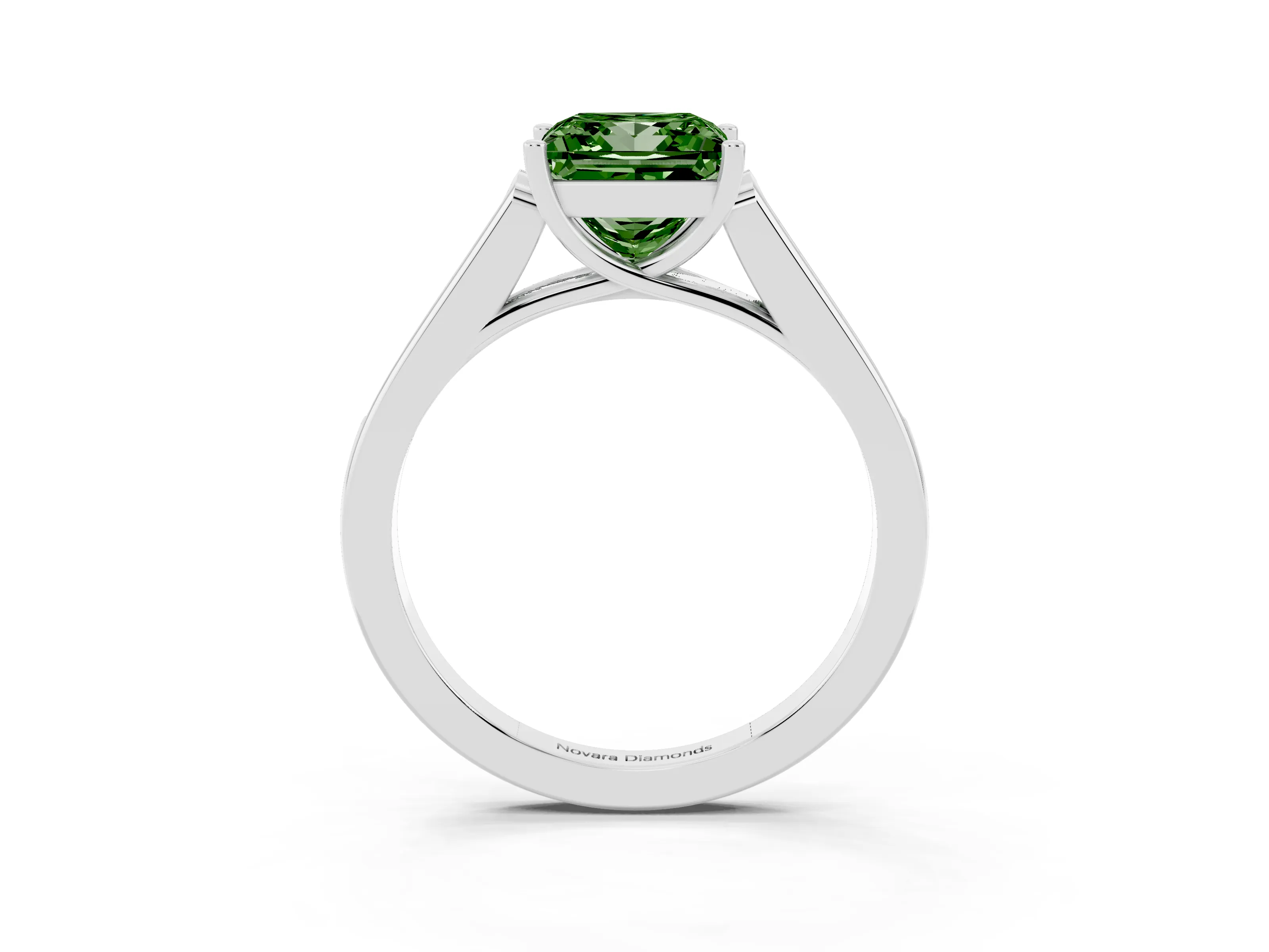 Fancy Green Princess Cut Diamond Solitaire Cathedral Engagement Ring Set in Platinum with Channel-Set Band and Prong Setting