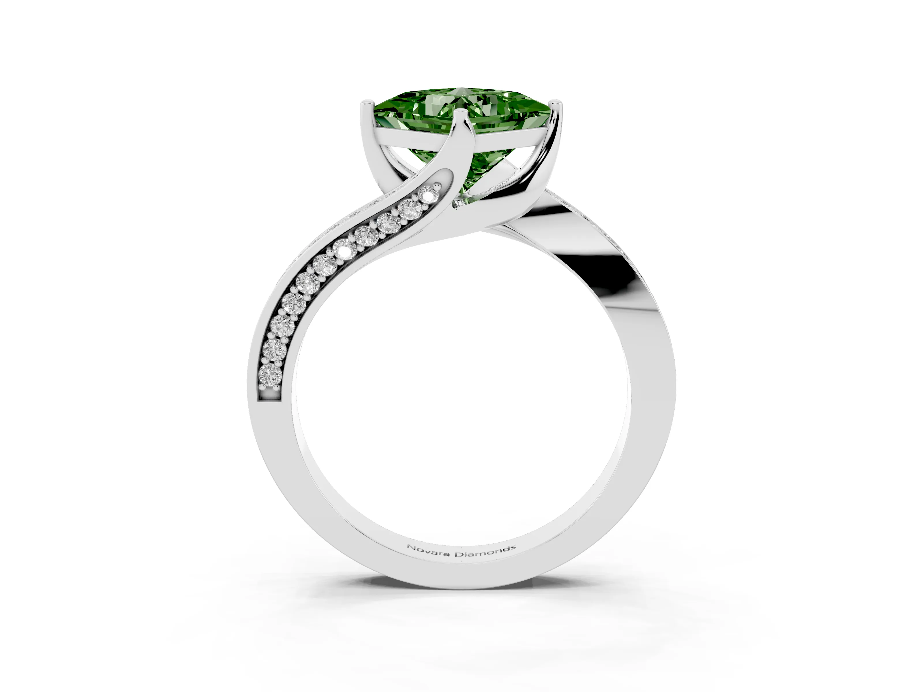Fancy Green Princess Cut Diamond Solitaire Ring Set in Platinum with Intertwined Pavé Twist Band