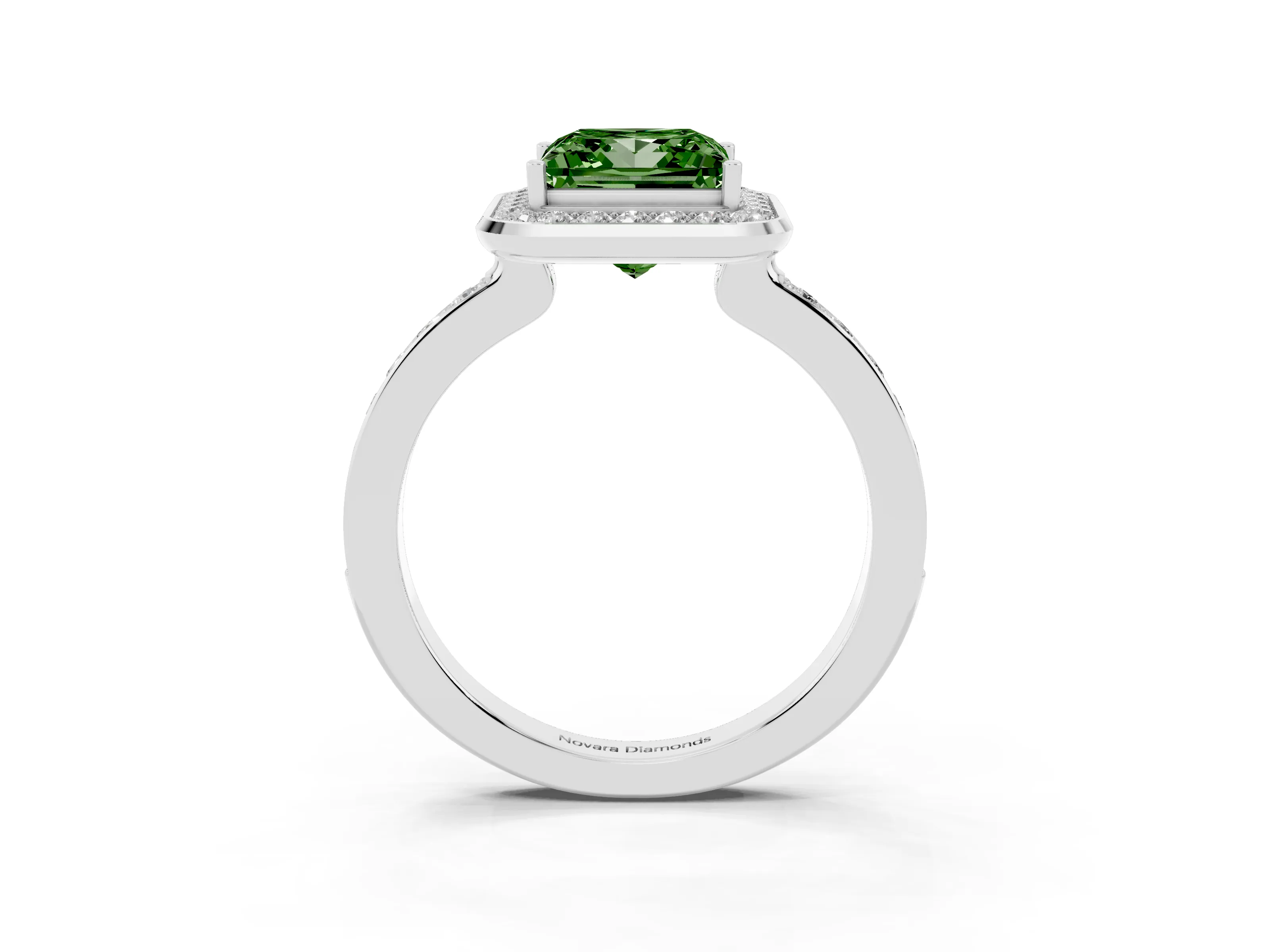 Fancy Green Princess Cut Diamond Halo Ring Set in White gold with Bezel Frame and Pavé Band