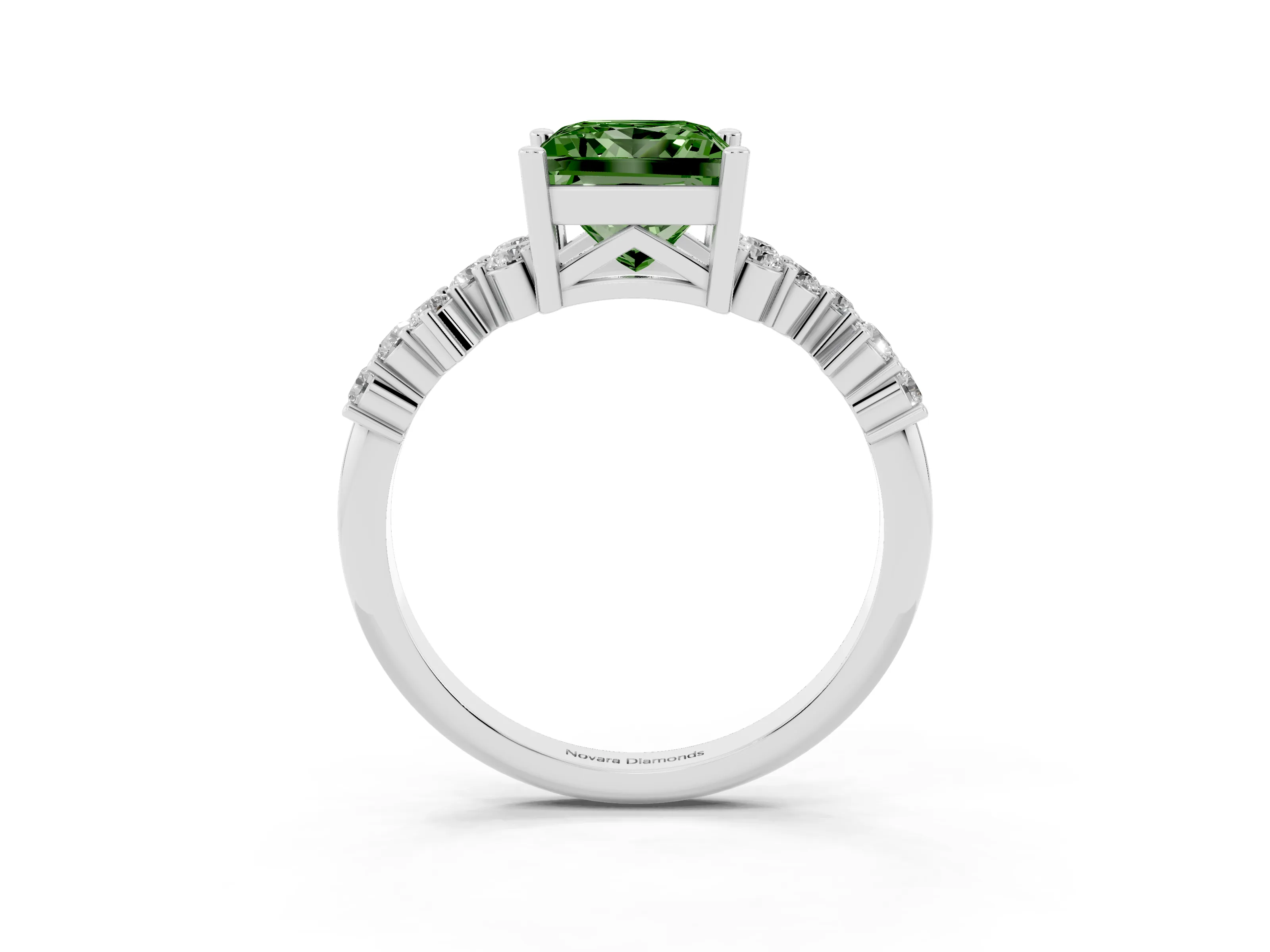 Fancy Green Princess Cut Diamond Ring Set in Platinum with Scattered Round Accents