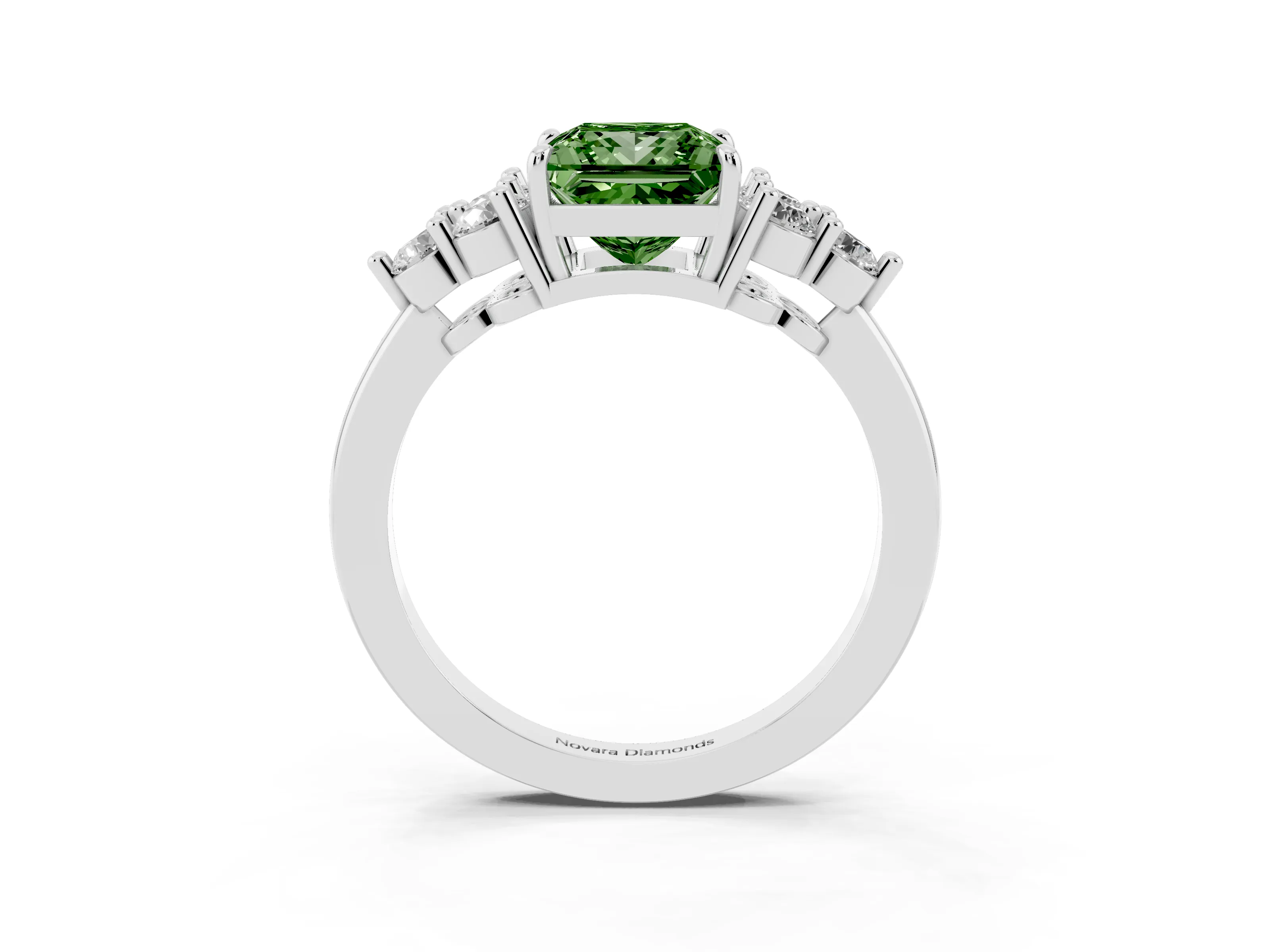 Fancy Green Princess Cut Diamond Solitaire Ring Set in Platinum with Cluster Accents on Each Side