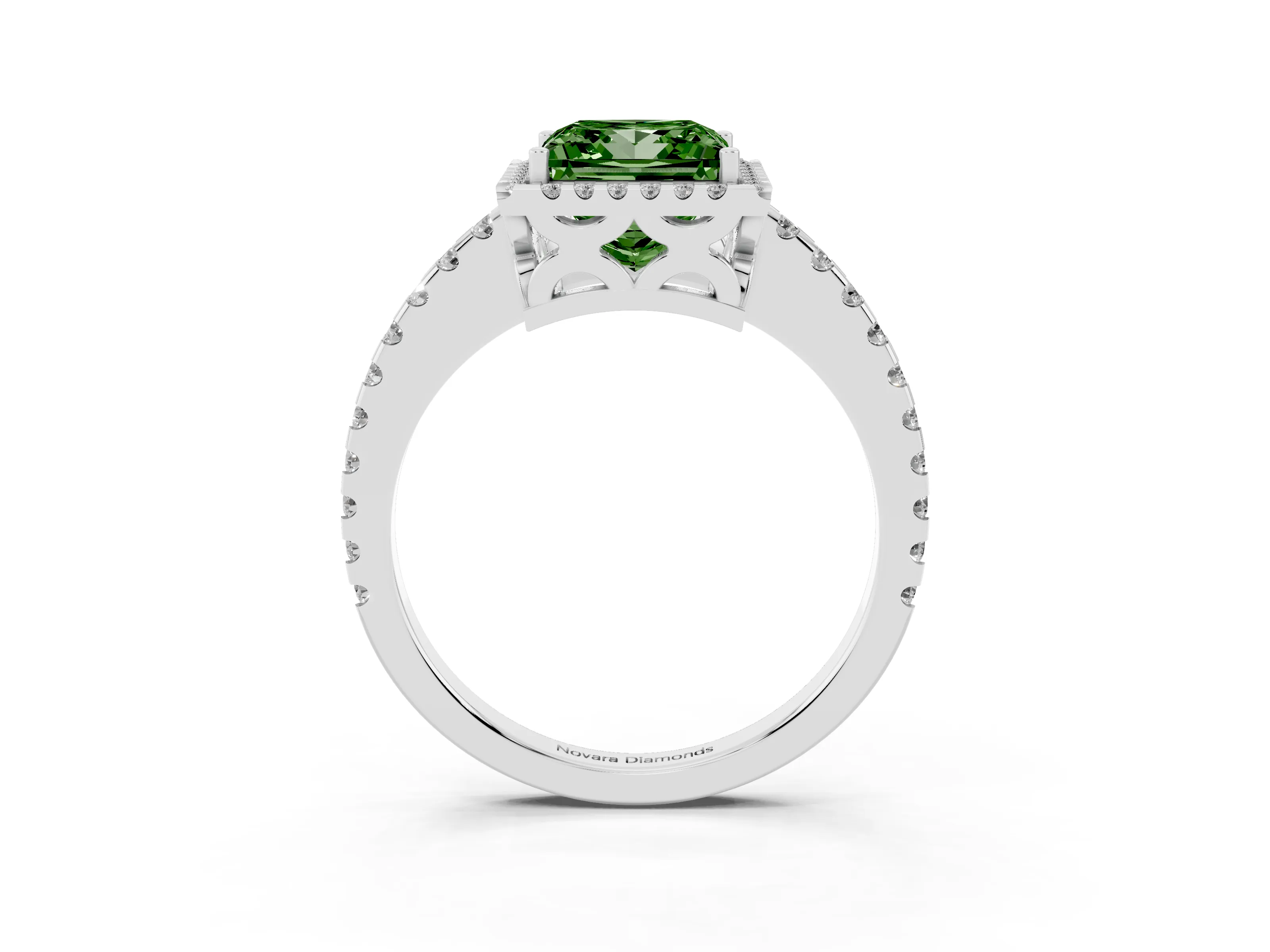 Fancy Green Princess Cut Diamond Halo Ring Set in Silver with Pavé Shoulders and Halo-Framed Center