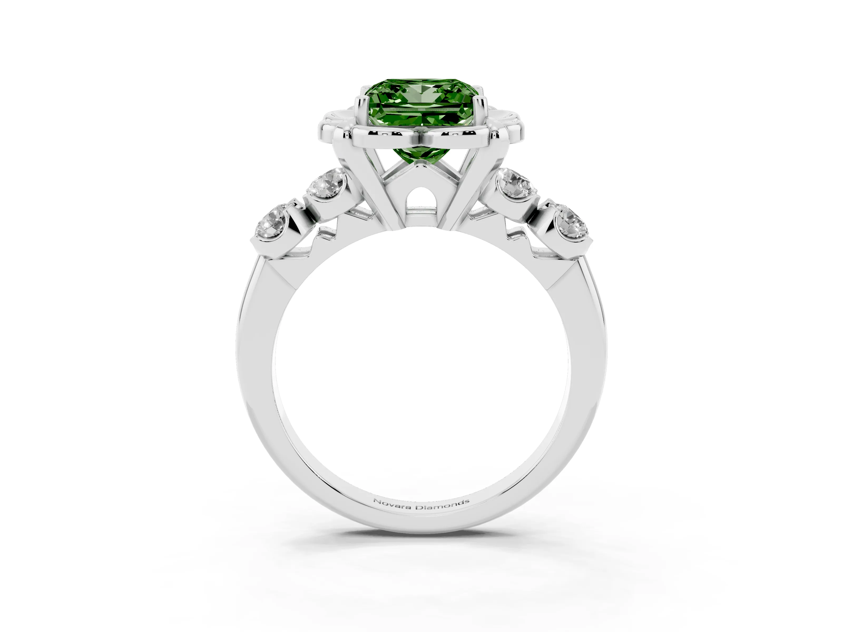Fancy Green Princess Cut Diamond Floral Halo Ring Set in Platinum with Shared Prong Band