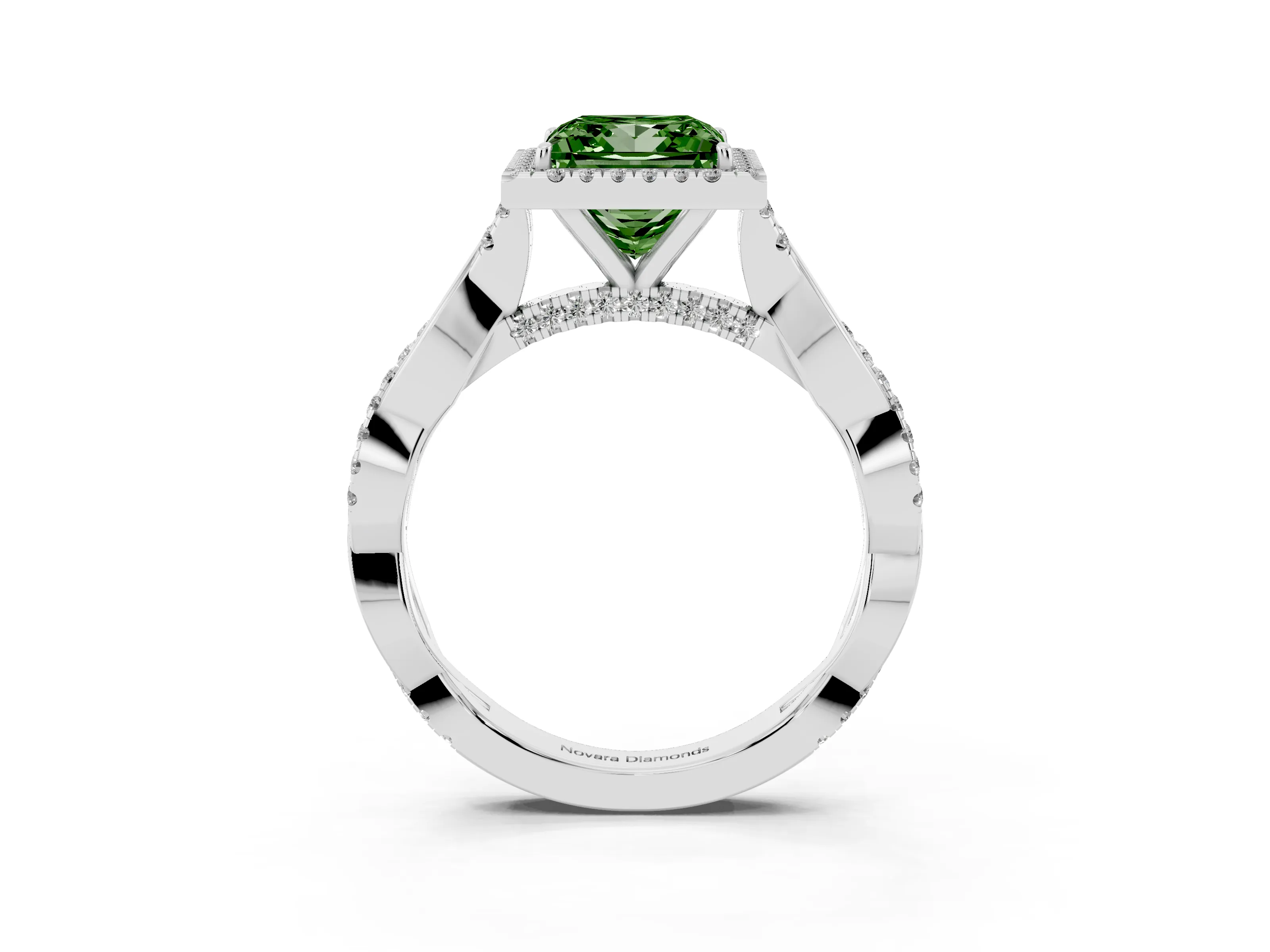 Fancy Green Princess Cut Diamond Halo Twist Band Solitaire Ring Set in Silver with Prong Setting