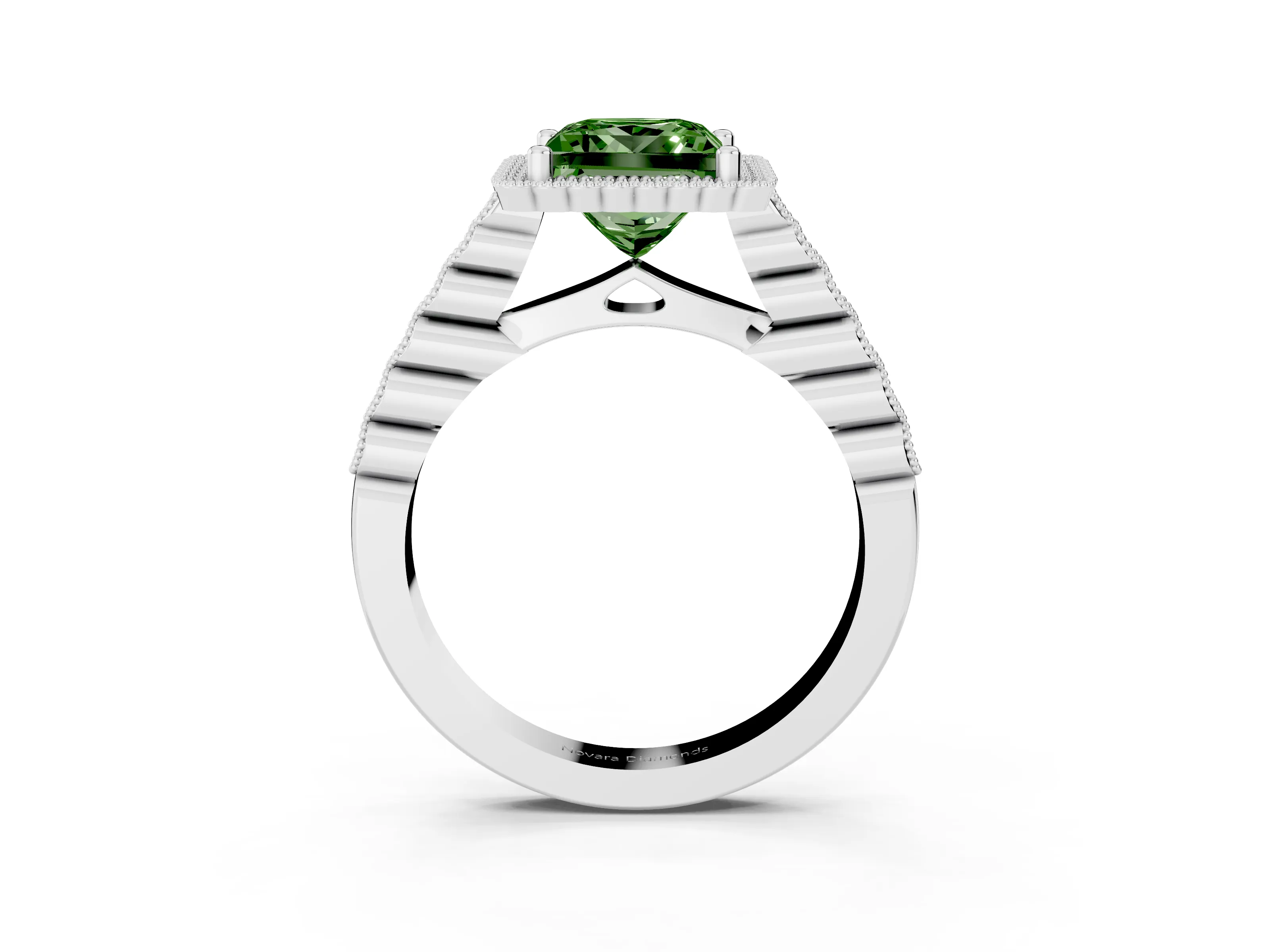 Fancy Green Princess Cut Diamond Halo Ring Set in White gold with Pavé Milgrain Band