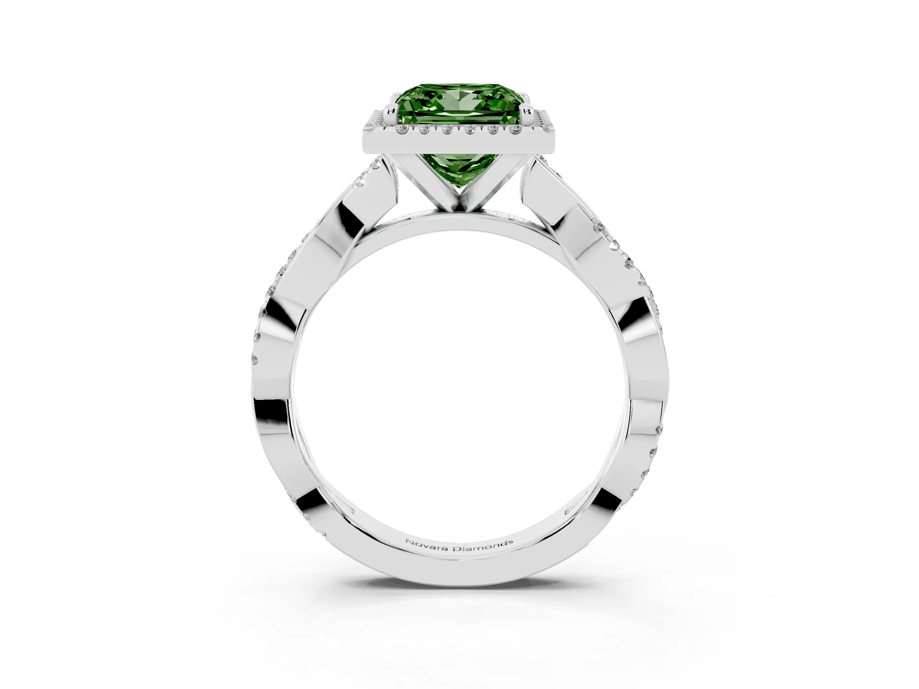 Fancy Green Princess Cut Diamond Halo Twisted Band Ring Set in Silver with Prong Setting