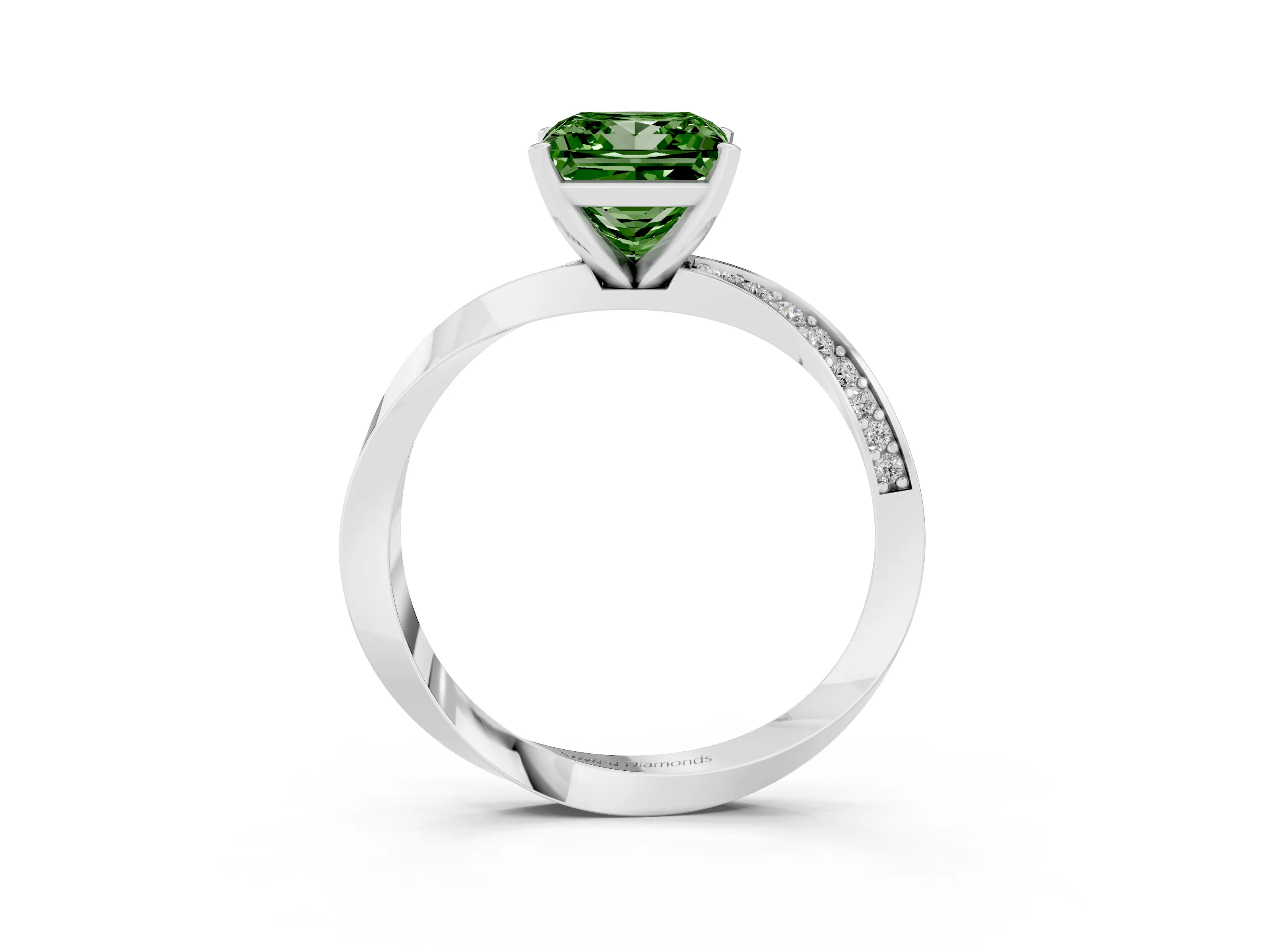 Fancy Green Princess Cut Diamond Engagement Ring Set in White gold with Side Stone Accents and Prong Setting