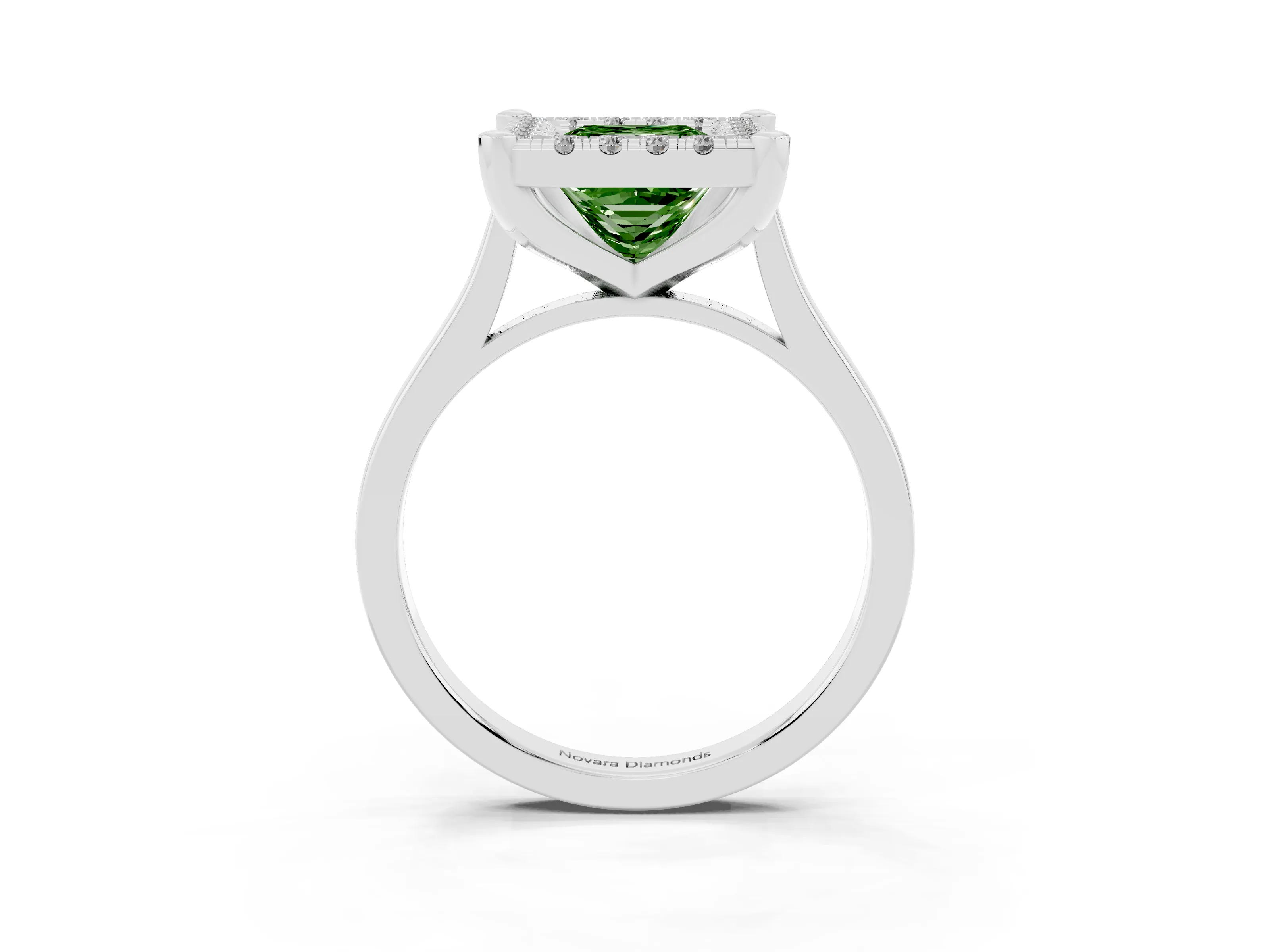 Fancy Green Princess Cut Diamond Cluster Halo Solitaire Ring Set in Silver with Prong Setting