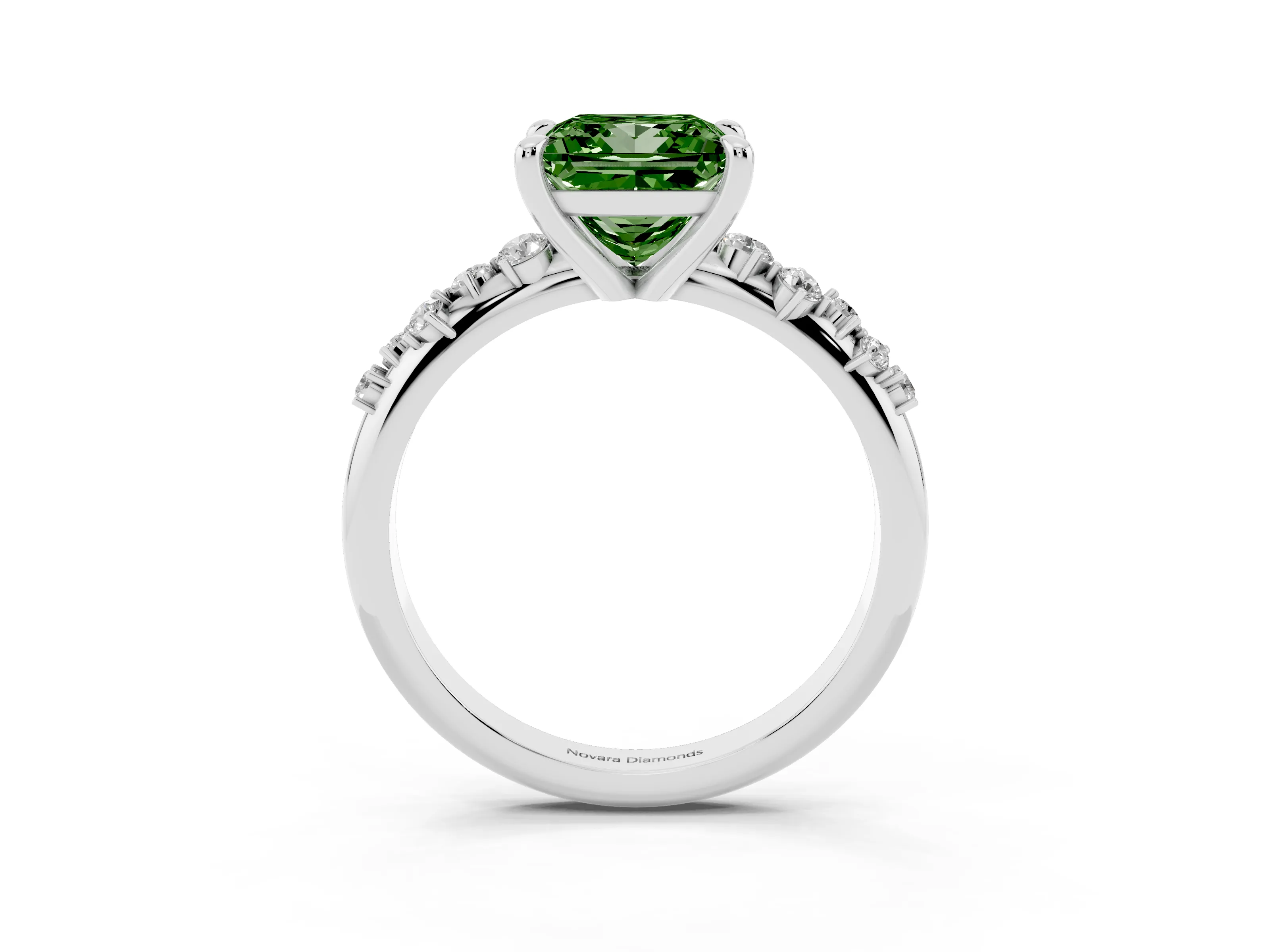Fancy Green Princess Cut Diamond Solitaire Vine Band Ring Set in White gold with Round Accents and Prong Setting