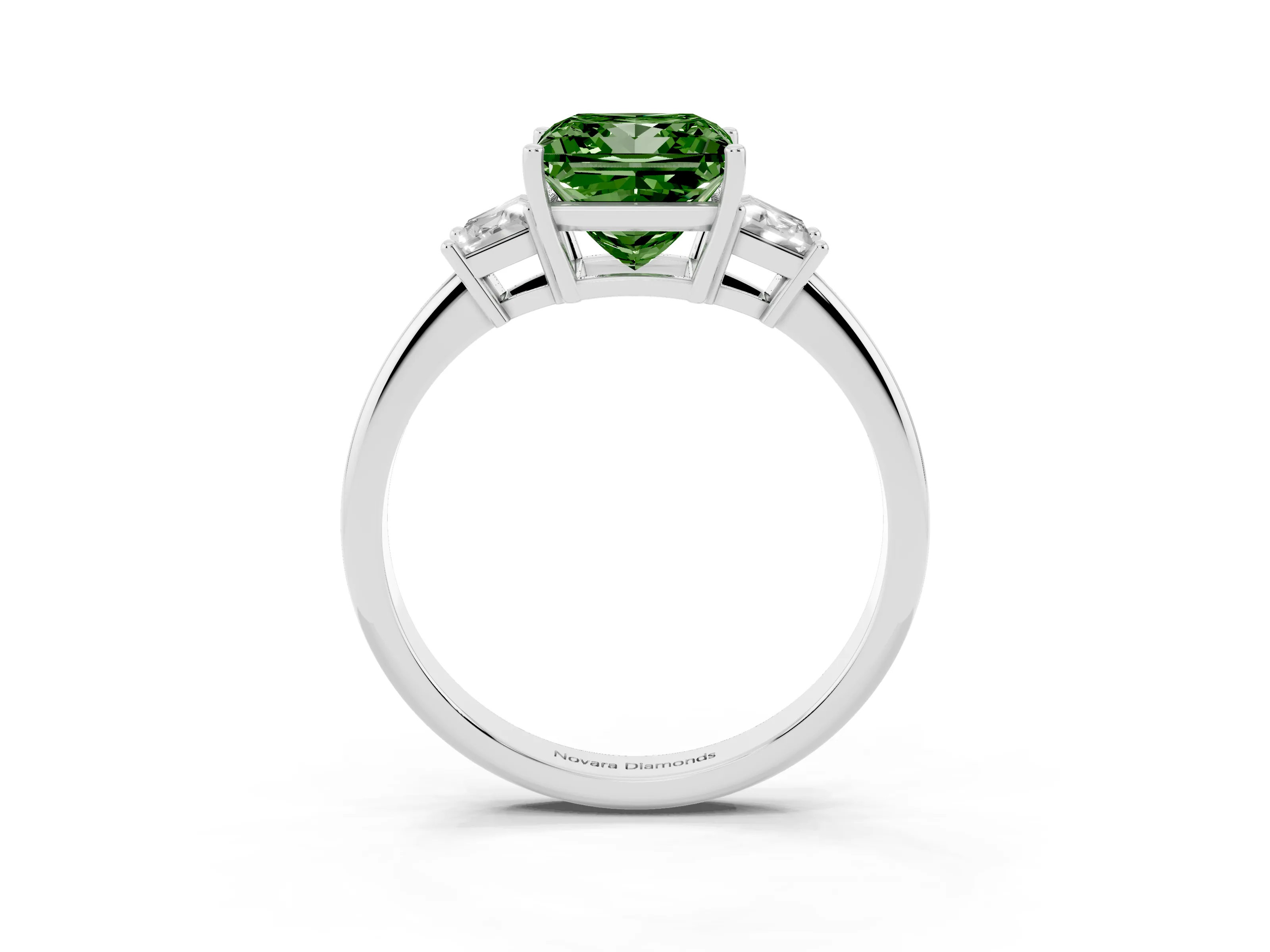 Fancy Green Princess Cut Diamond Three-Stone Ring Set in Silver with Trapezoid Side Stones and Prong Setting