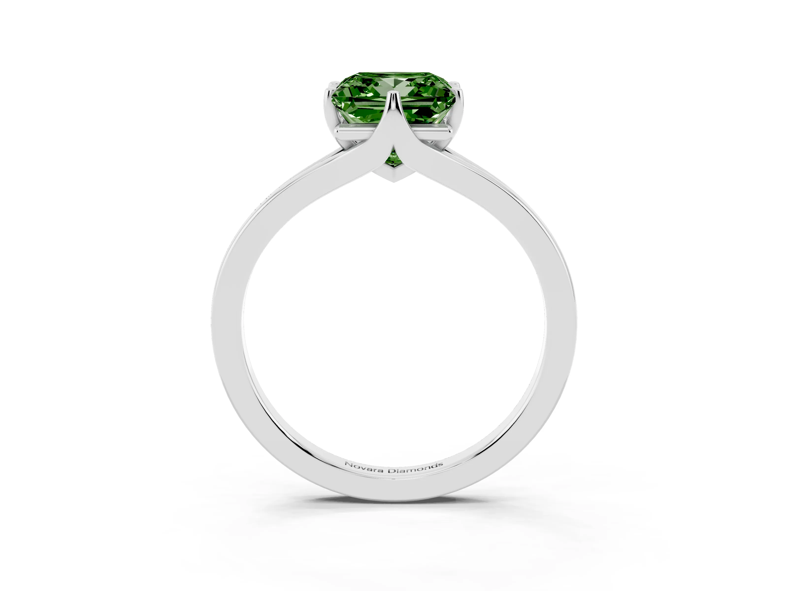 Fancy Green Princess Cut Diamond Solitaire Ring Set in White gold with Polished Tapered Band and Prong Setting