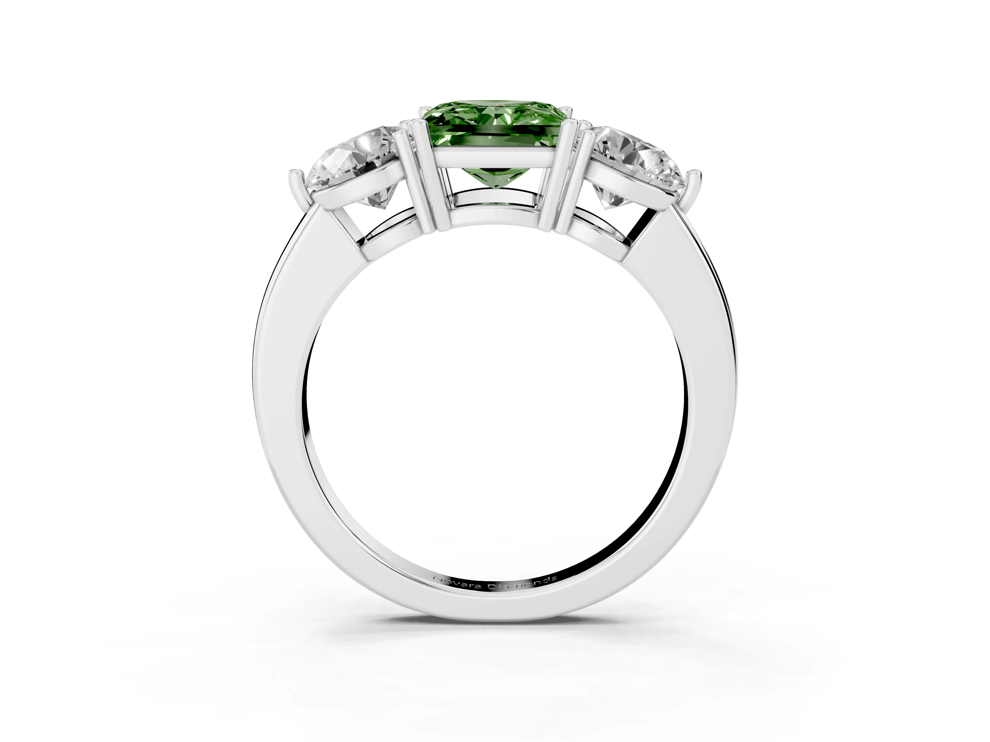 Fancy Green Princess Cut Diamond Three-Stone Ring Set in White gold with Prong Setting and Plain Band